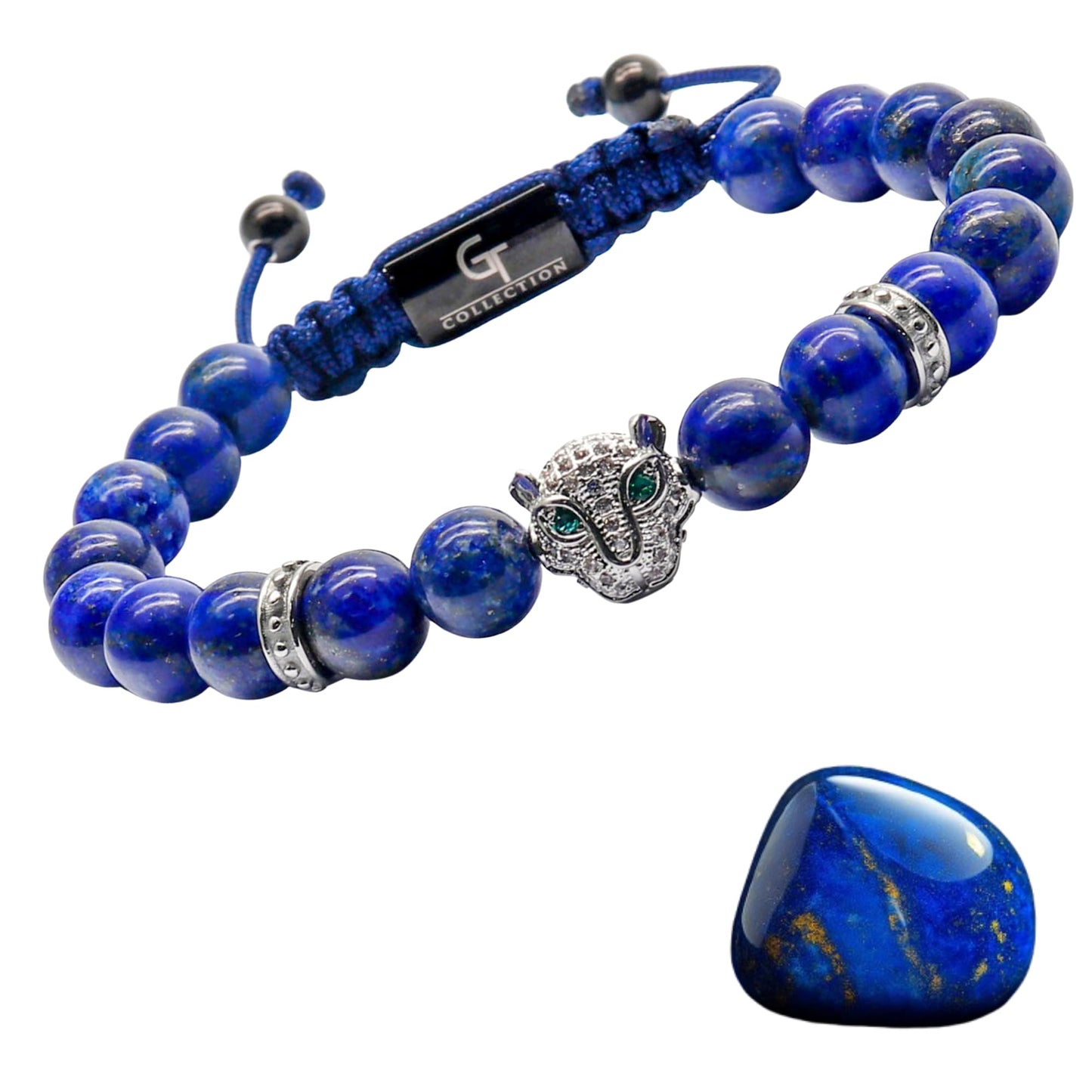 GT collection Men's Energy Bracelet with Gold Leopard Stainless Steel Bead, Adjustable Natural Gemstone Lapis Lazuli Bracelet for Men