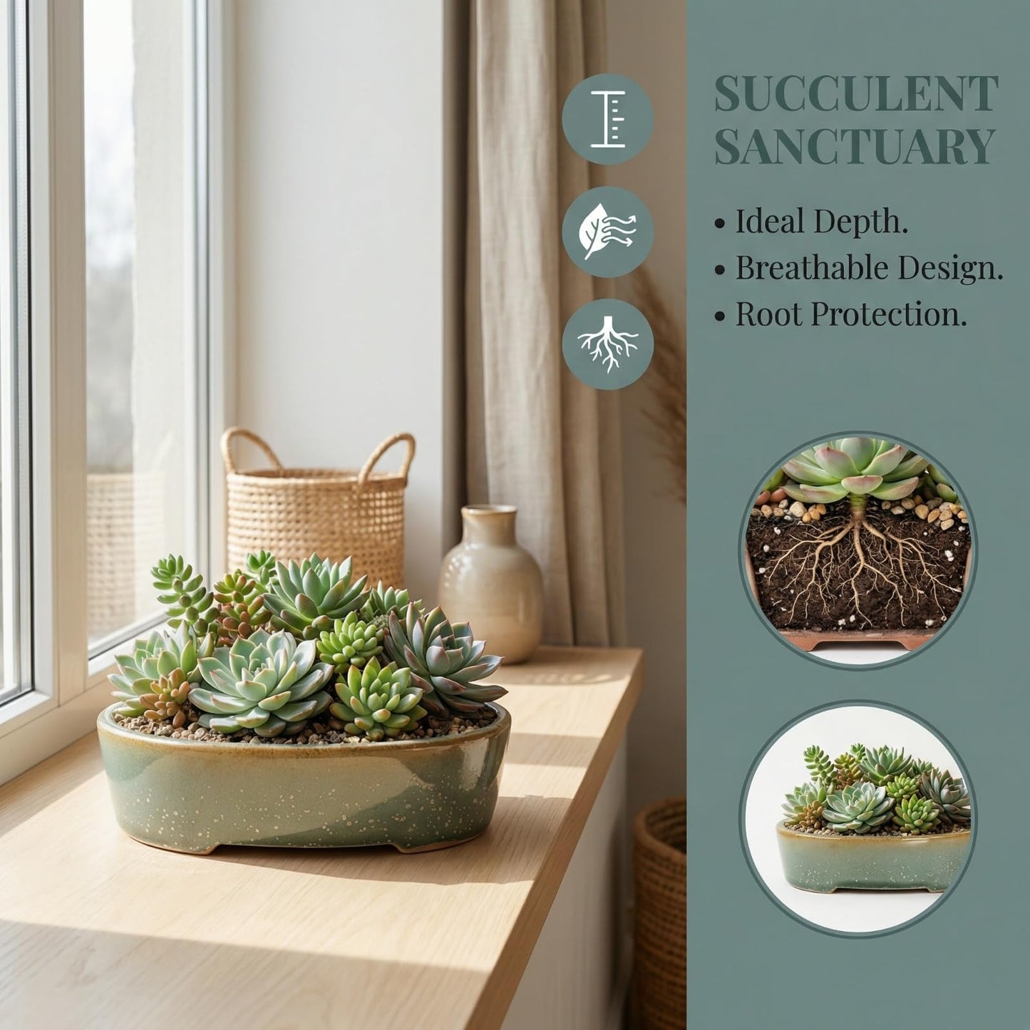 krayce Serenya 6.3 Inch Ceramic Bonsai Pots with Drainage Trays, 3 Pack Shallow Kiln Glazed Planters for Succulents & Bonsai, Indoor Outdoor Decor for Beginners