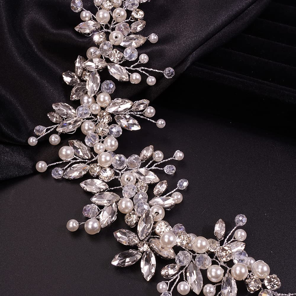 Teyglen Dainty Rhinestones Pearls Crystal Large Headband Vine Handmade Bridal Flower Headband Wedding Hair Accessories for Brides Hair Pieces Gold Silver Headpieces for Women Girl (Silver)