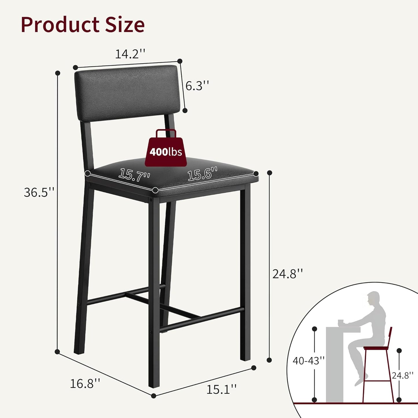 Garvee Bar Stools Set of 4, Kitchen Barstools with Thick Cushion, 25 Inch Counter Height Bar Stools with Backrest and Footrest, for Dining Room, Kitchen Island Counter Chairs, Retro Black