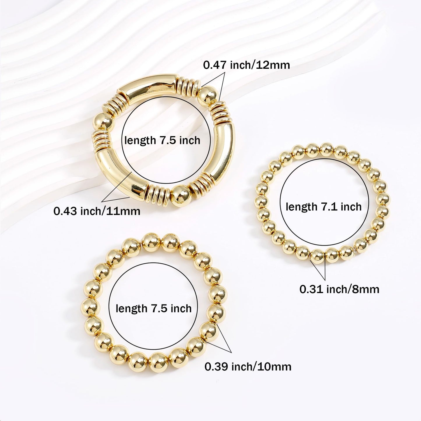 Gold Bangles Bracelet for Women Chunky Curved Stacking Plated Bead Ball Stretchable Bracelets