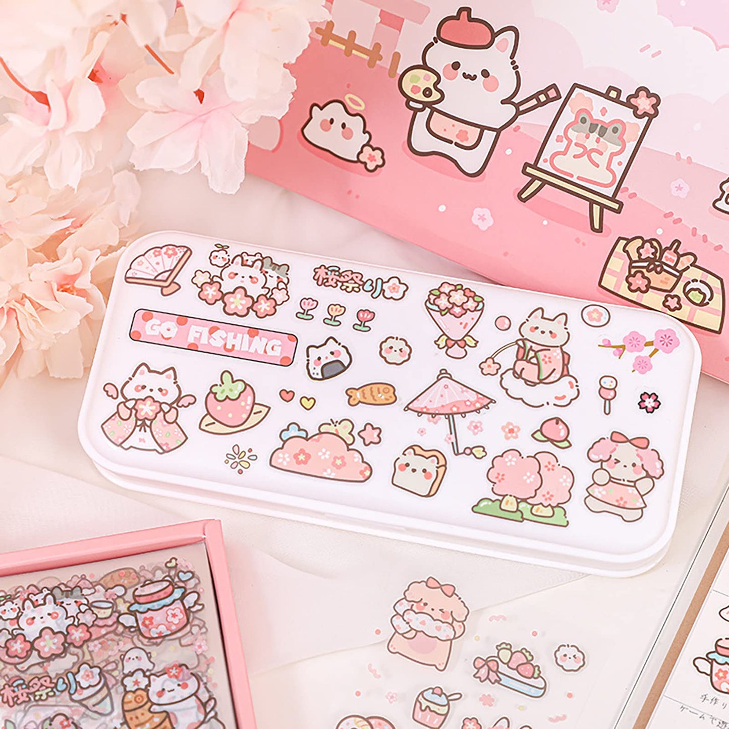 Doraking Kawaii Cute Animal Stickers for Journaling Scrapbooking, Vinyl Transparent Flower Stickers for Water Bottle Laptop, 200 Sheets Aesthetic Sticker Boxed Gifts for Teens Adults