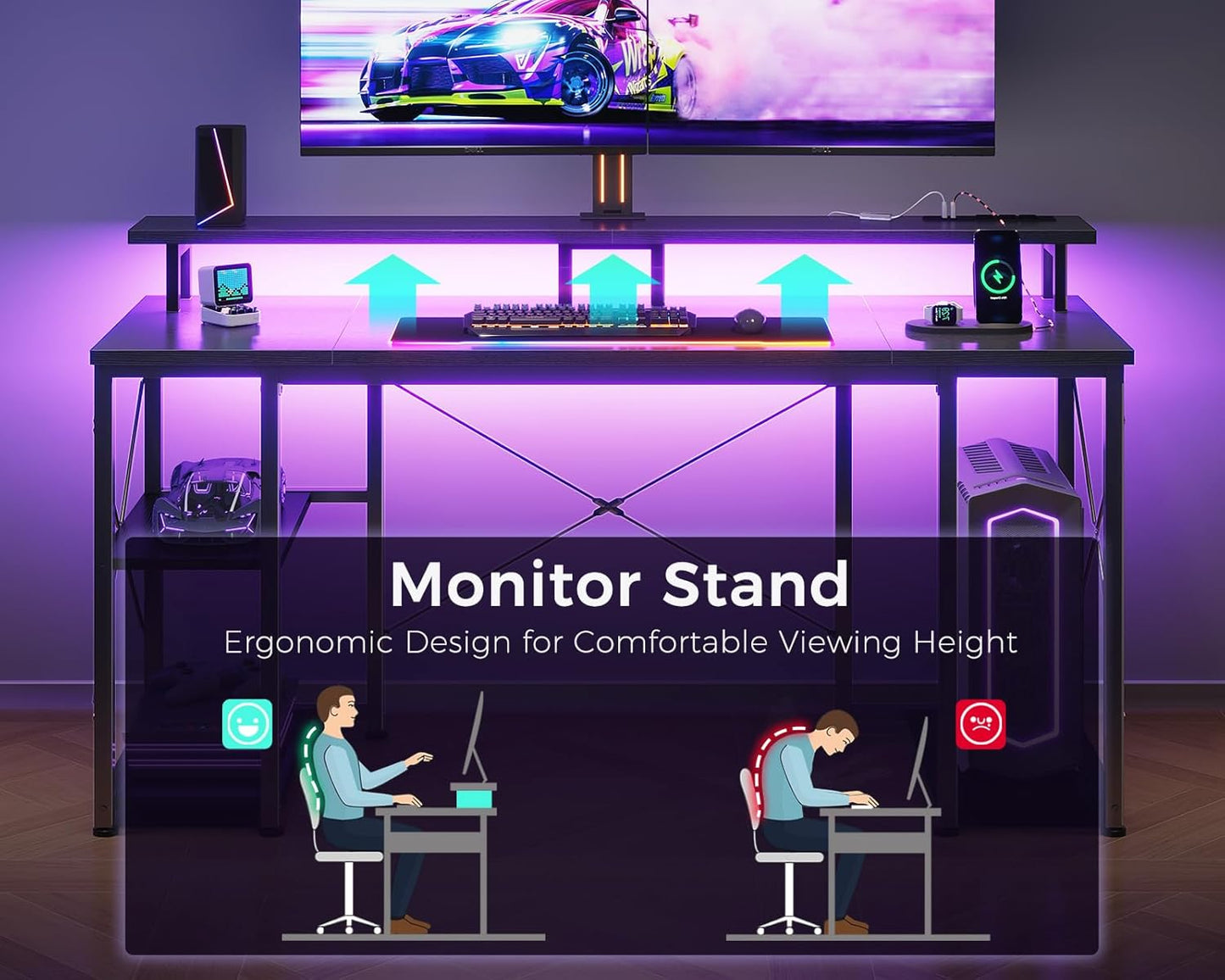 ODK 55 Inches Gaming Desk with LED Lights, Computer Desk with Monitor Stand, Pc Table with CPU Stand, Black