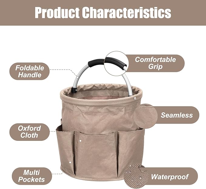 Qivine Cleaning Caddy for Cleaning Supplies, 17L Cleaning Supply Caddy with Handle Foldable Cleaning Supplies Organizer Bucket Tool Bag Organizer Cleaning Products Organizers for Home, Garden (Khaki)
