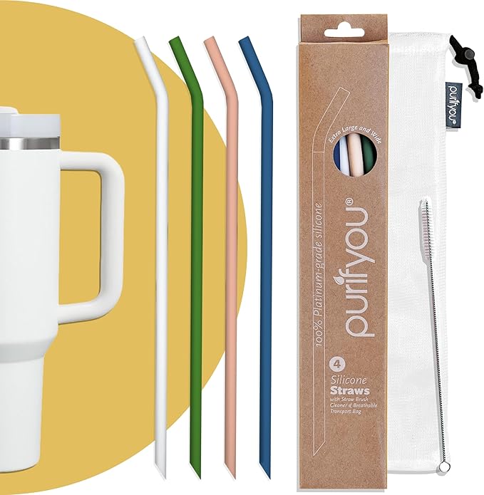 purifyou Extra Long 14.5" Reusable Silicone Straws with Flexible Tips, Cleaning Brush, & Portable Case - Fits with 40oz Stanley Cups, Tumblers & More (Set of 4)