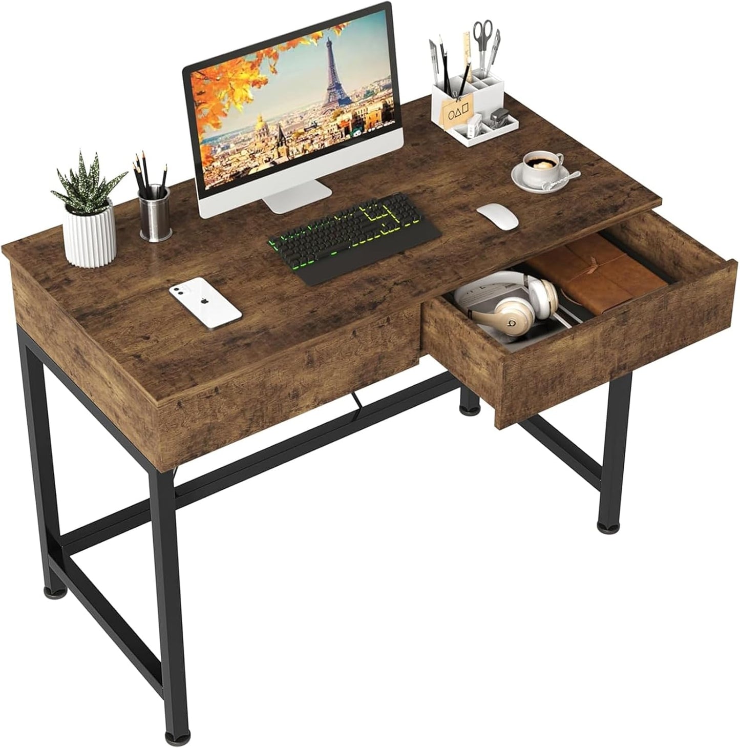 CAIYUN 40“ Small Desk for Bedroom, Computer Desk with 2 Wooden Drawers, Home Office Desk with Storage, Vanity Desk, Kids Study Writing Desk for Small Space, Vintage Table for Bedroom,(Rustic Brown)