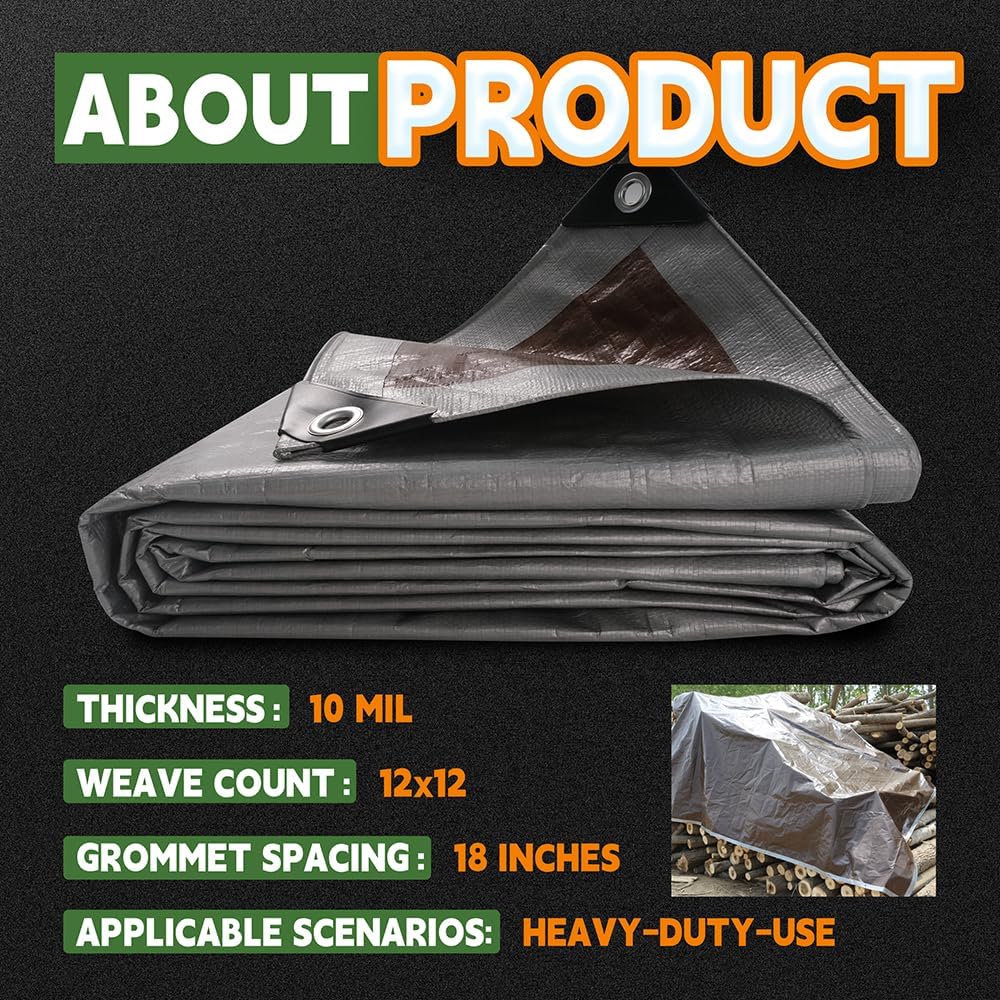 RAINDEWAY Tarps Heavy Duty Waterproof 6x15 Feet, 10Mil Multipurpose Poly Tarp Cover with Metal Grommets and Reinforced Edges, Silver/Brown Tarp