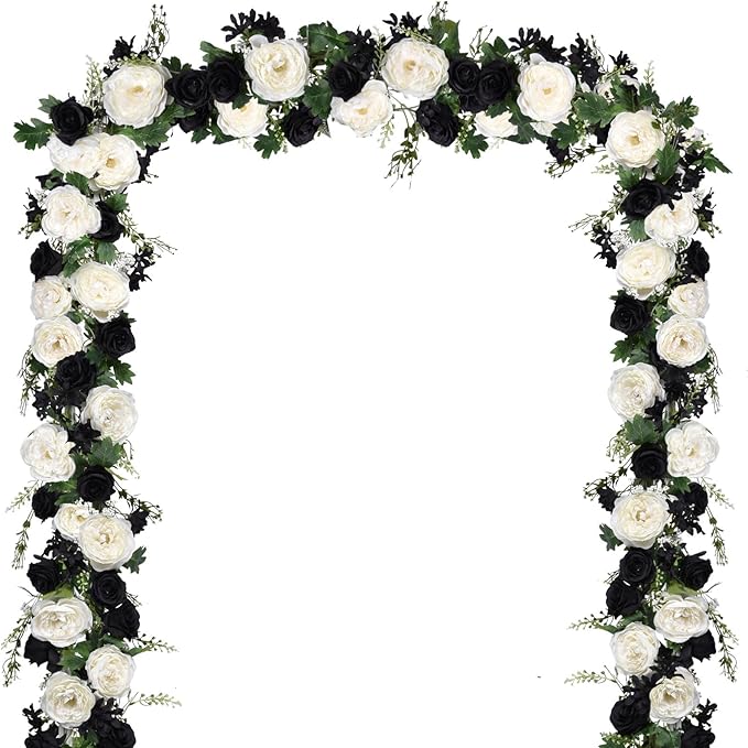 2 Pack Artificial Peony Flower Garland - 6ft Silk Peony Garland Flower Vine Silk Roses Flowers for Wedding Arch Party Table Decor (Black)