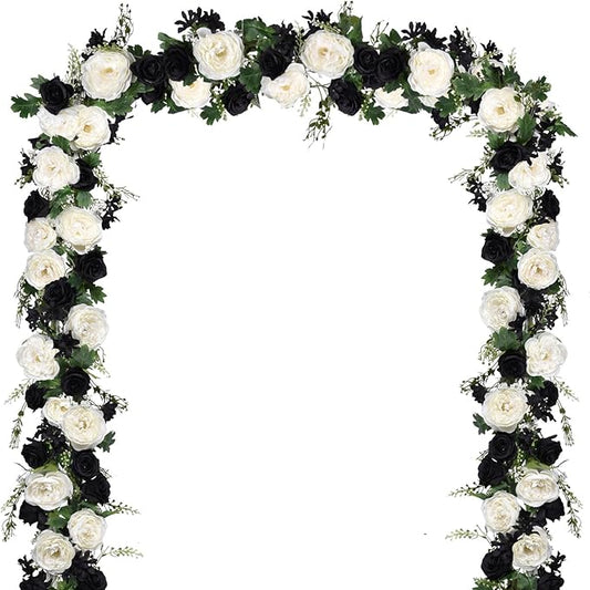 2 Pack Artificial Peony Flower Garland - 6ft Silk Peony Garland Flower Vine Silk Roses Flowers for Wedding Arch Party Table Decor (Black)