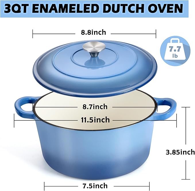 TeamFar 3qt Dutch Oven, Small Enameled Cast Iron Dutch Oven Pot with Lid, For Bread Baking/Stewing/Braising/Frying, Various Stoves & Oven Safe, Non-stick & Easy Clean, Blue