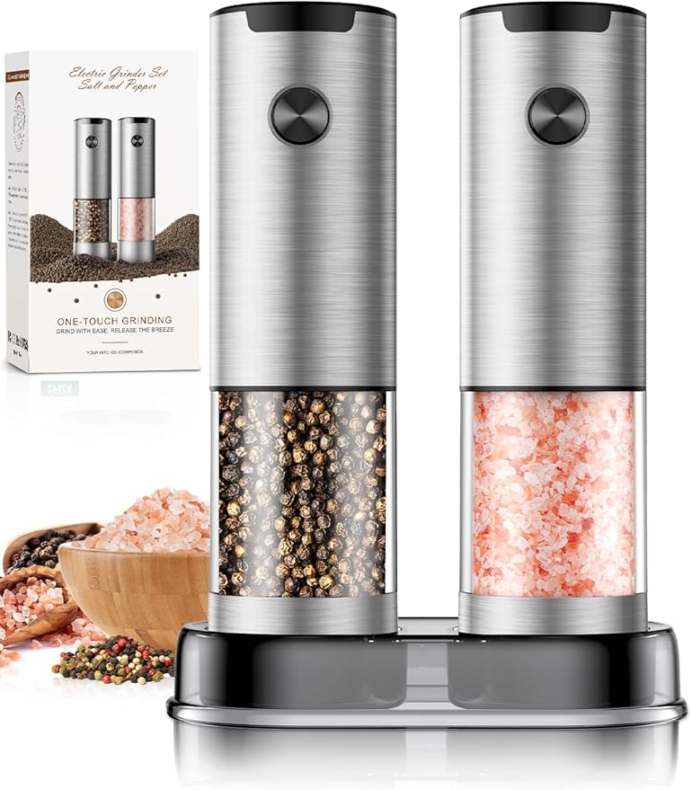 Salt and Pepper Grinder Set- Automatic Battery Pepper Mill Shakers Kitchen Essentials for New Home Housewarming, Adjustable Coarseness Upgraded Larger Capacity with Led for White Elephant Gifts