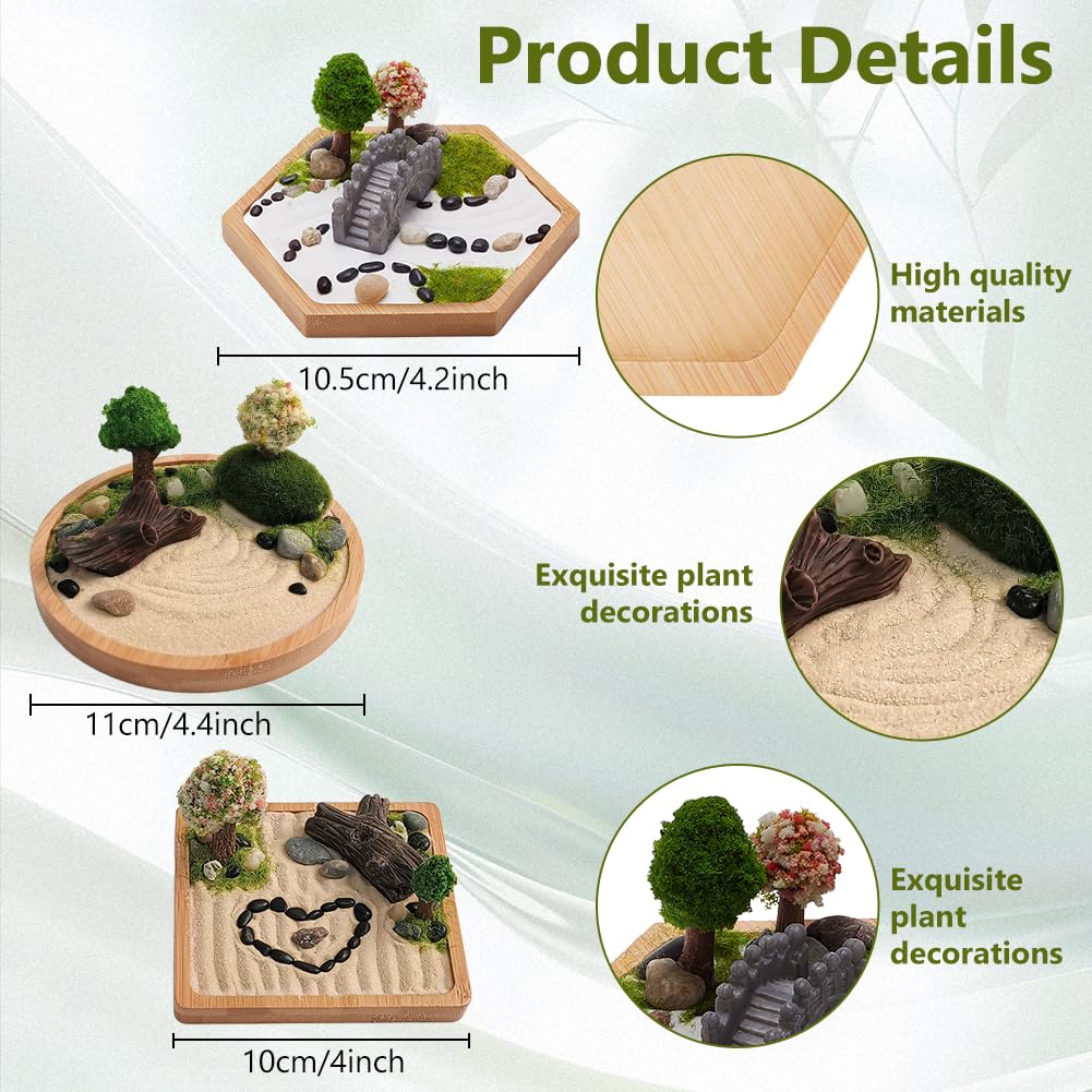 WEBEEDY 3 Sets Mini Zen Sand Garden Kit Japanese Desktop Sandbox Zen Garden Kit Cute Zen Home Office Desktop Decor Sand Craft Accessories,Litter Box Sand for Meditation Relaxation,4/4.2/4.4 Inch