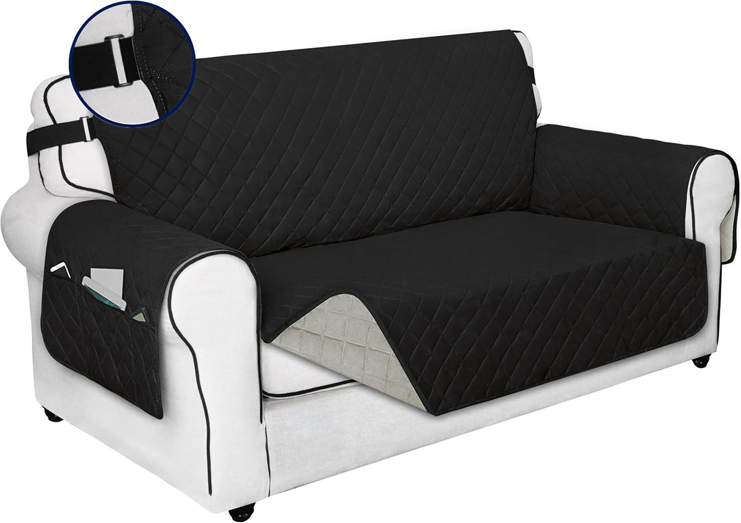 PureFit Reversible Sofa Cover Water Resistant Loveseat Couch Cover, Machine Washable Furniture Cover with Non-Slip Foam and Adjustable Strap for Dogs, Pets (Loveseat, Black/Beige)