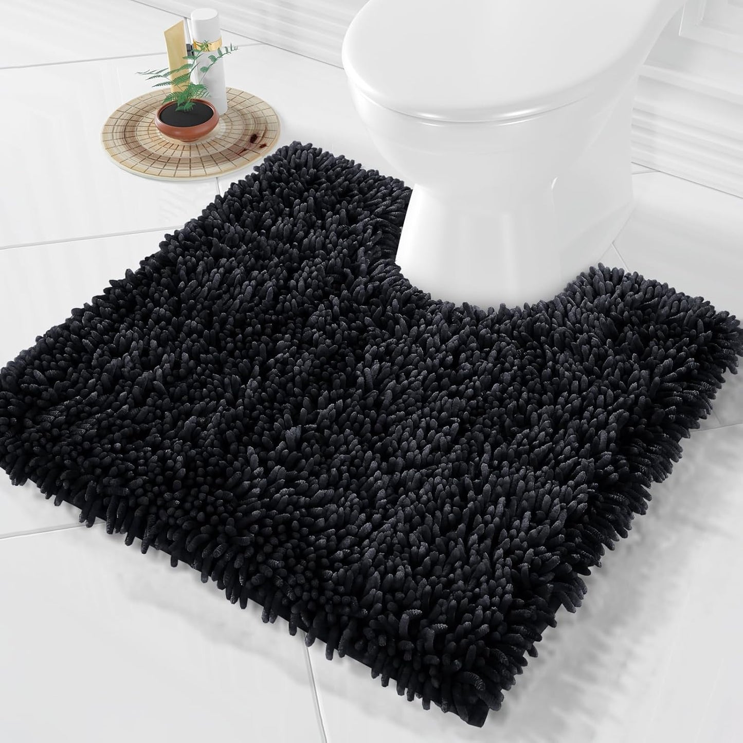 Yimobra Toilet Rugs U Shaped Washable, Extra Thick Soft Absorbent Chenille Contour Bathroom Rugs for Toilet 24x24 Inch, Quick Dry Non Slip Toilet Mat for Bath Floor, Black