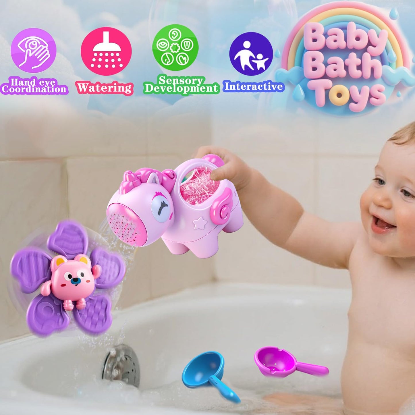 Baby Bath Toys for Kids Ages 1-3, Bathtub Toys for Babies 6-12-18 Months Toddlers, Suction Cup Spinner Toys & Unicorn Watering Can, Sand Beach Pool Water Table Toys for Infants Girls 1 2 3 4(Pink)