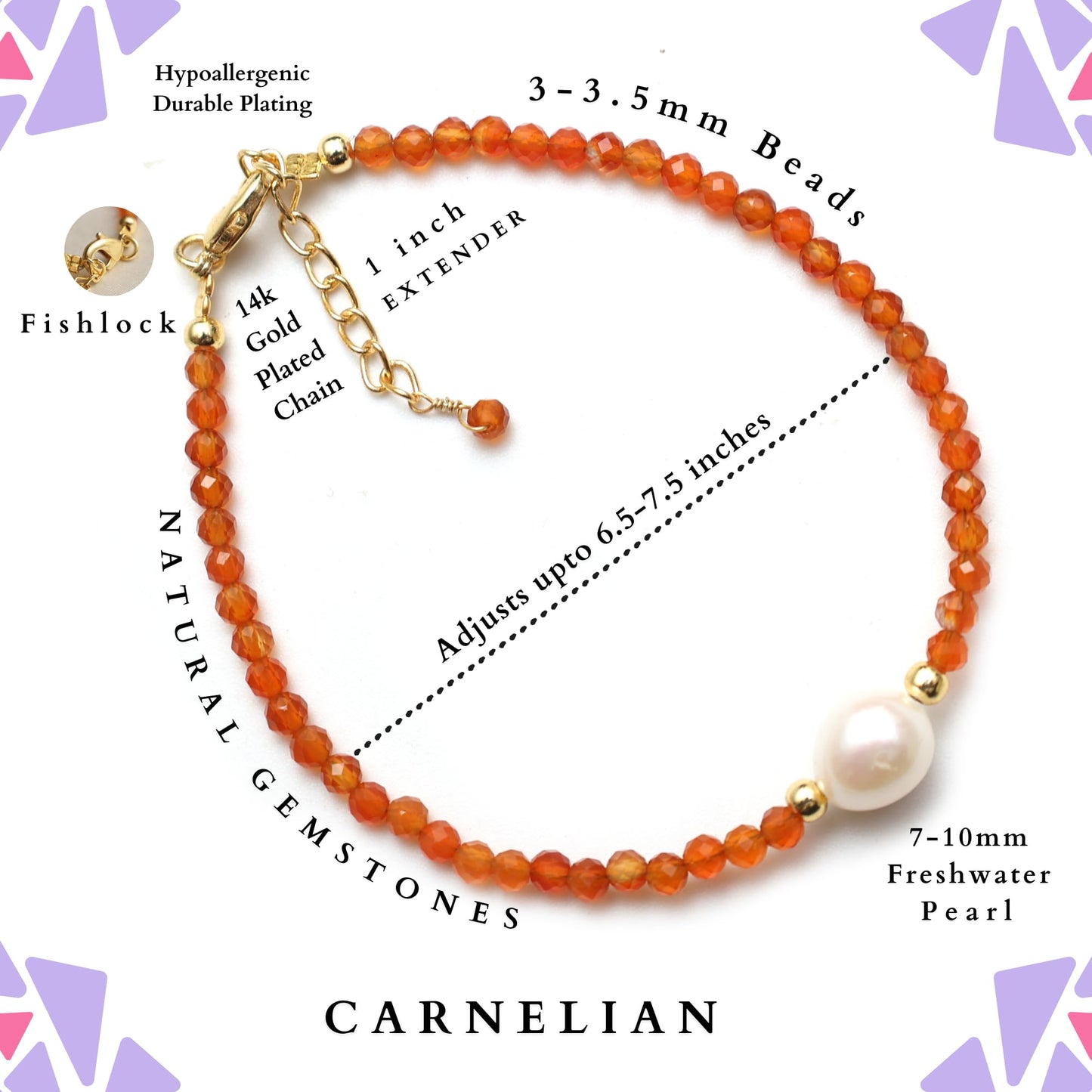 Gempires Orange Carnelian Beaded Bracelet with Pearl Choker Crystal Jewelry Lightweight July Birthstone Gifts Hypoallergenic 7.5 Inch Gold Plated Bracelets For Women