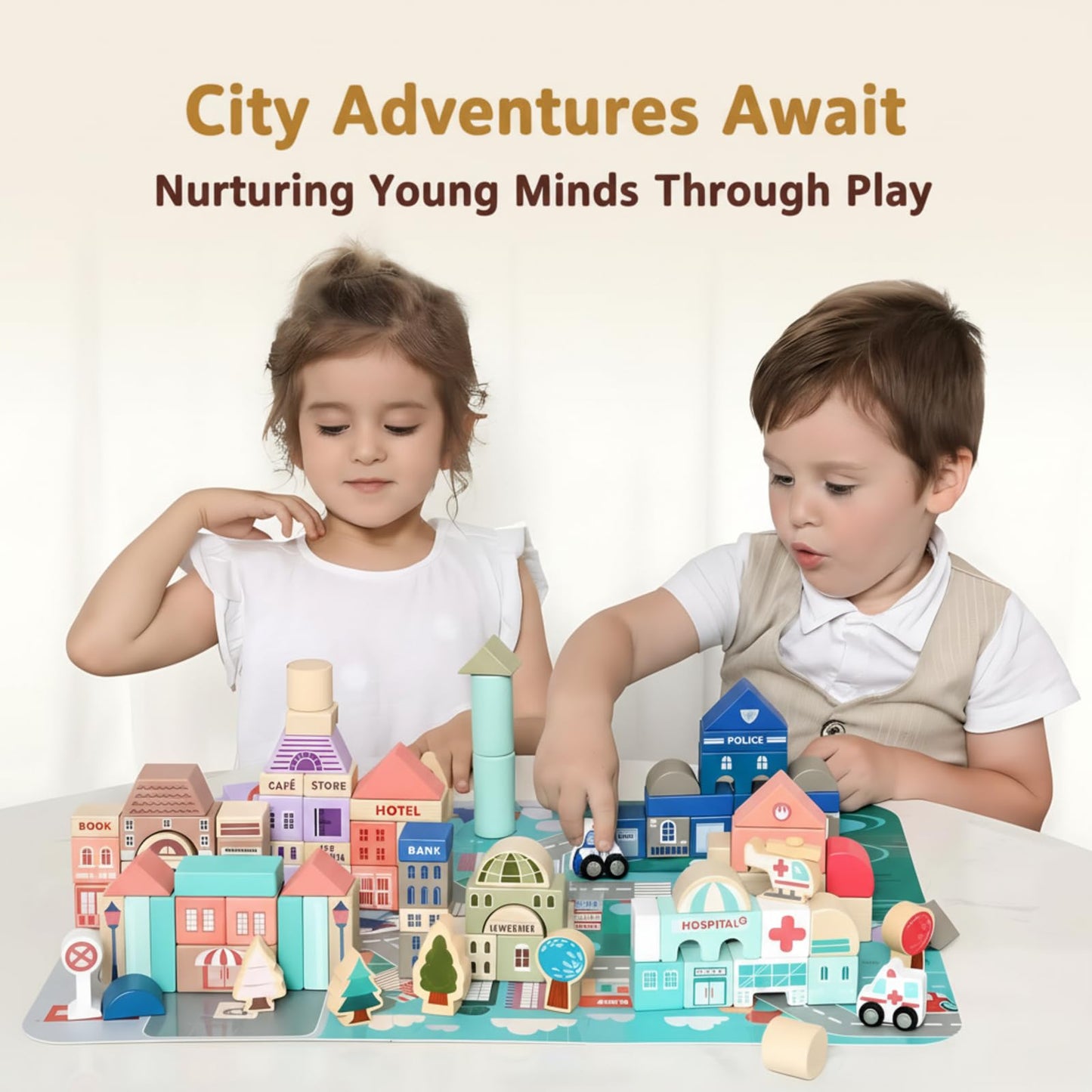 Migargle Wooden Building Blocks Set, 115 Pcs City Construction Stacker Stacking Preschool Learning Educational Toys, Toddler Toys for 3+ Year Old Boy and Girl Gifts