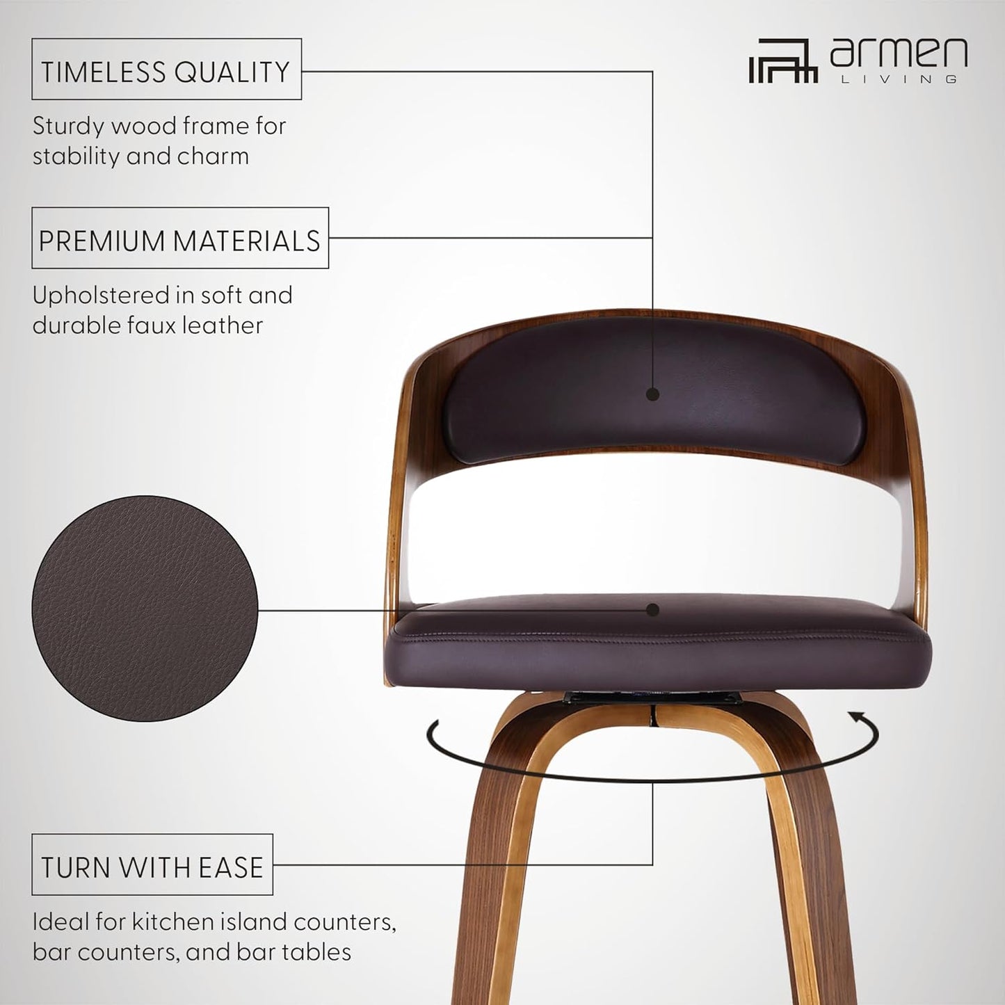 Armen Living Shelly 26" Counter Height Swivel Brown Faux Leather and Walnut Wood Bar Stool - Set of 2