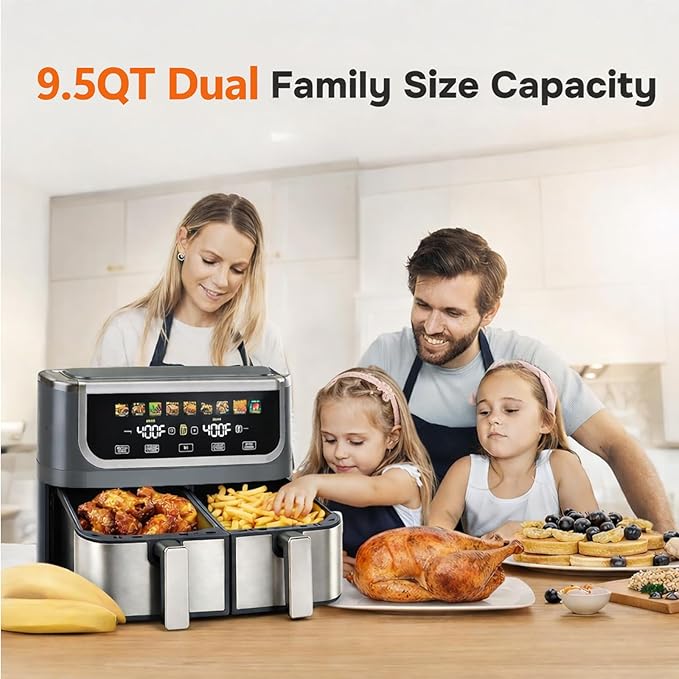 Simple Deluxe 9.5-Qt Dual Basket Air Fryer, 10-in-1 Digital Preset Airfryer, Sync Cook, Independent Temp Control, Shake Reminder, Nonstick Basket, Grey