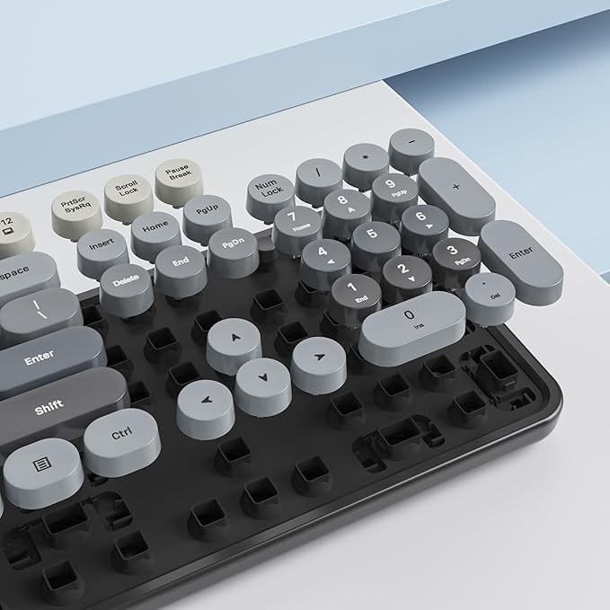 Owpkeenthy Retro Keyboard and Mouse Wireless, Cute Black Keyboard with Retro Typewriter Style Full-Sized with Number Pad Round Keys for Desktop, Laptop and Computerr (Gradient Dark)