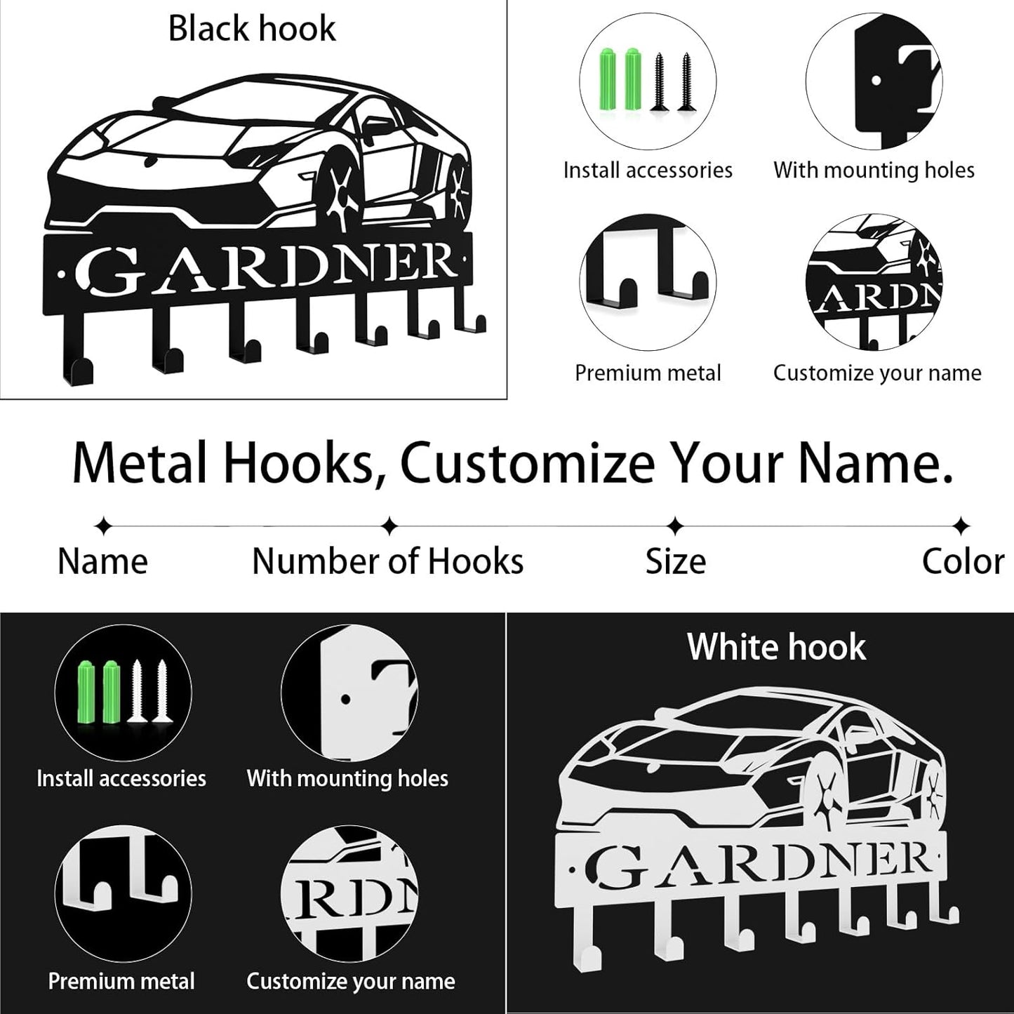 Personalized Key Hooks for Wall,Custom Name Black Car Key Holder Wall Mounted,Fashion Coat Rack,Metal Key Hanger with Hooks,Key Rack Organizer for Entryway,Hallway,Doorway