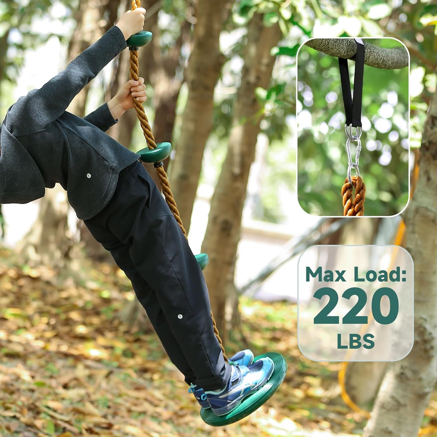 Climbing Rope with Platforms and Disc Swing Seat Set Playground Accessories Including Bonus Hanging Strap & Carabiner Tree Swing for Kids Rope Swings for Tree