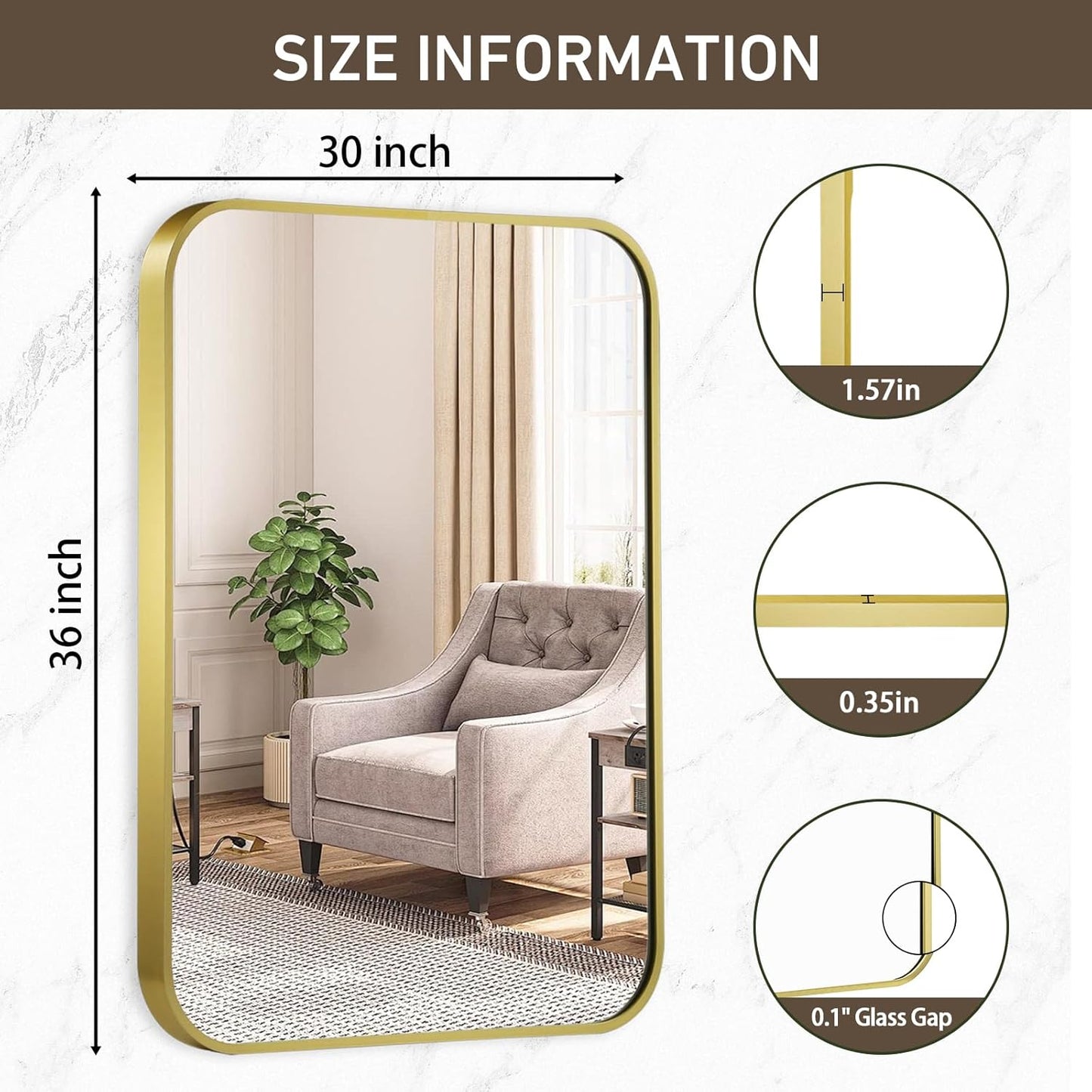Matte Gold Mirror, 30x36 Inch Brushed Gold Mirror, Aluminum Alloy Framed Vanity Mirror, Rounded Rectangle Bathroom Mirror for Over Sink, Anti-Rust Wall Mirror (Horizontally or Vertically)