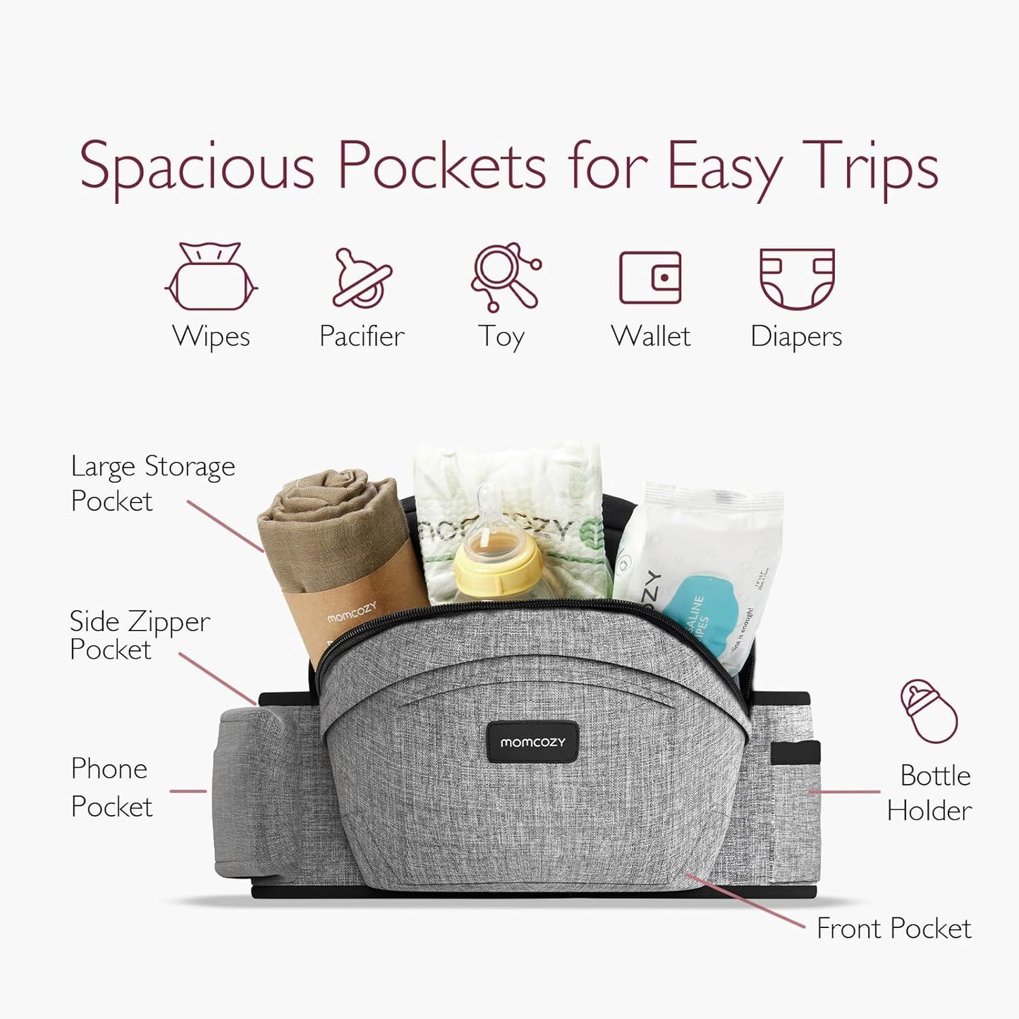 Momcozy Hip Seat Baby Carrier - Adjustable Waistband with Original 3D Belly Protector, Ergonomic Carrier with Various Pockets for Newborns & Toddlers up to 45lbs (Grey, Large)