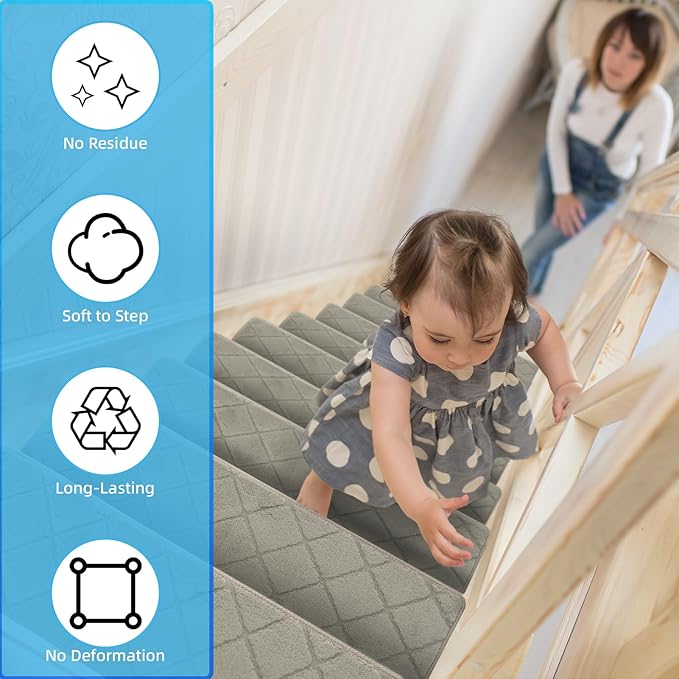 Art3d Stair Treads for Wooden Steps 15Pcs, 8" X 30" X 0.4" Non Slip Stair Runner Rugs with Reusable Adhesive for Elders Kids and Dogs, Machine Washable Peel and Stick Stair Treads Carpet, Beige