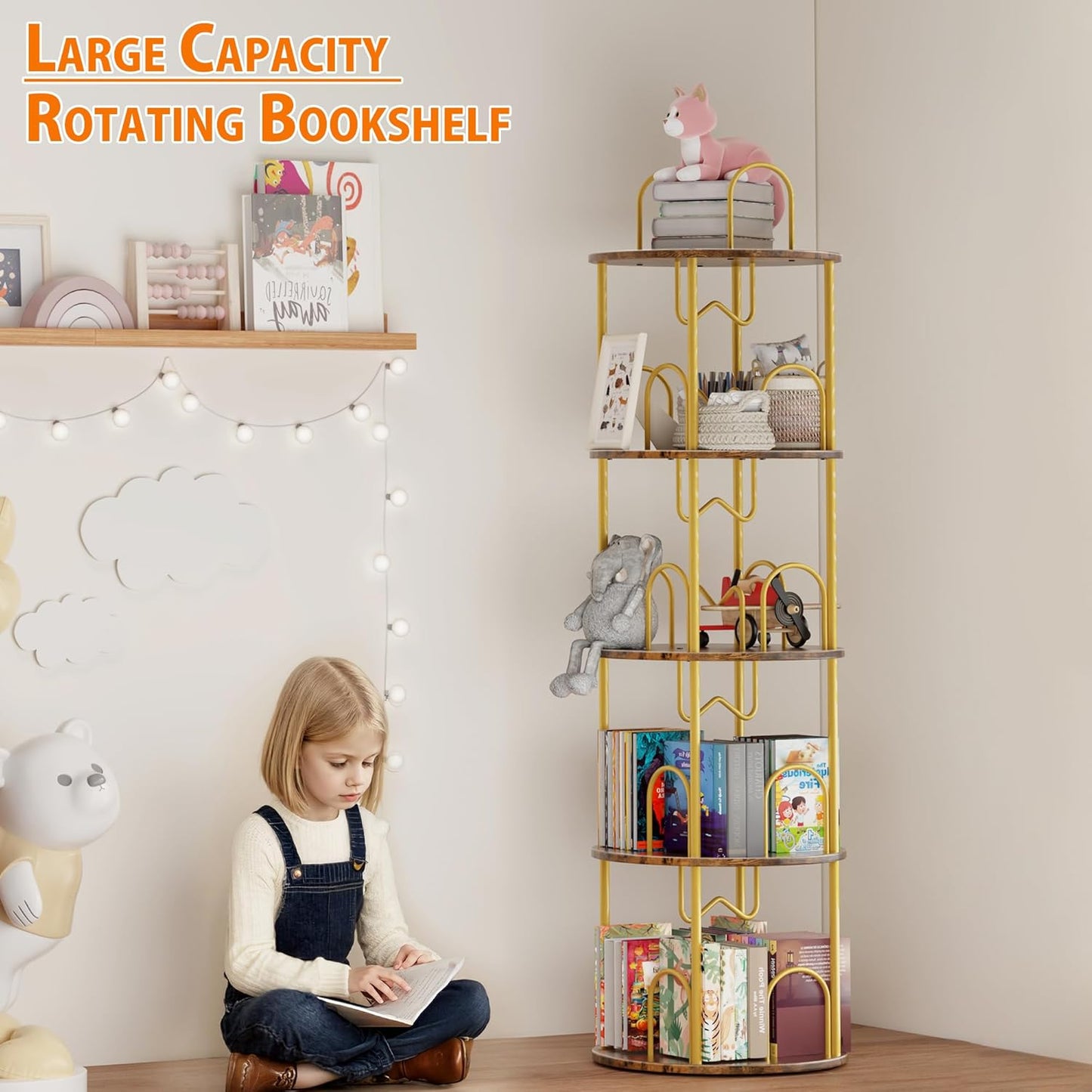 4 Tier Rotating Bookshelf, 360° Spinning Bookshelf Tower, Round Narrow Space Saving for Books and Display, Revolving Bookcase Corner Tall Book Shelf for Small Spaces, Bedroom, Living Room, Gold