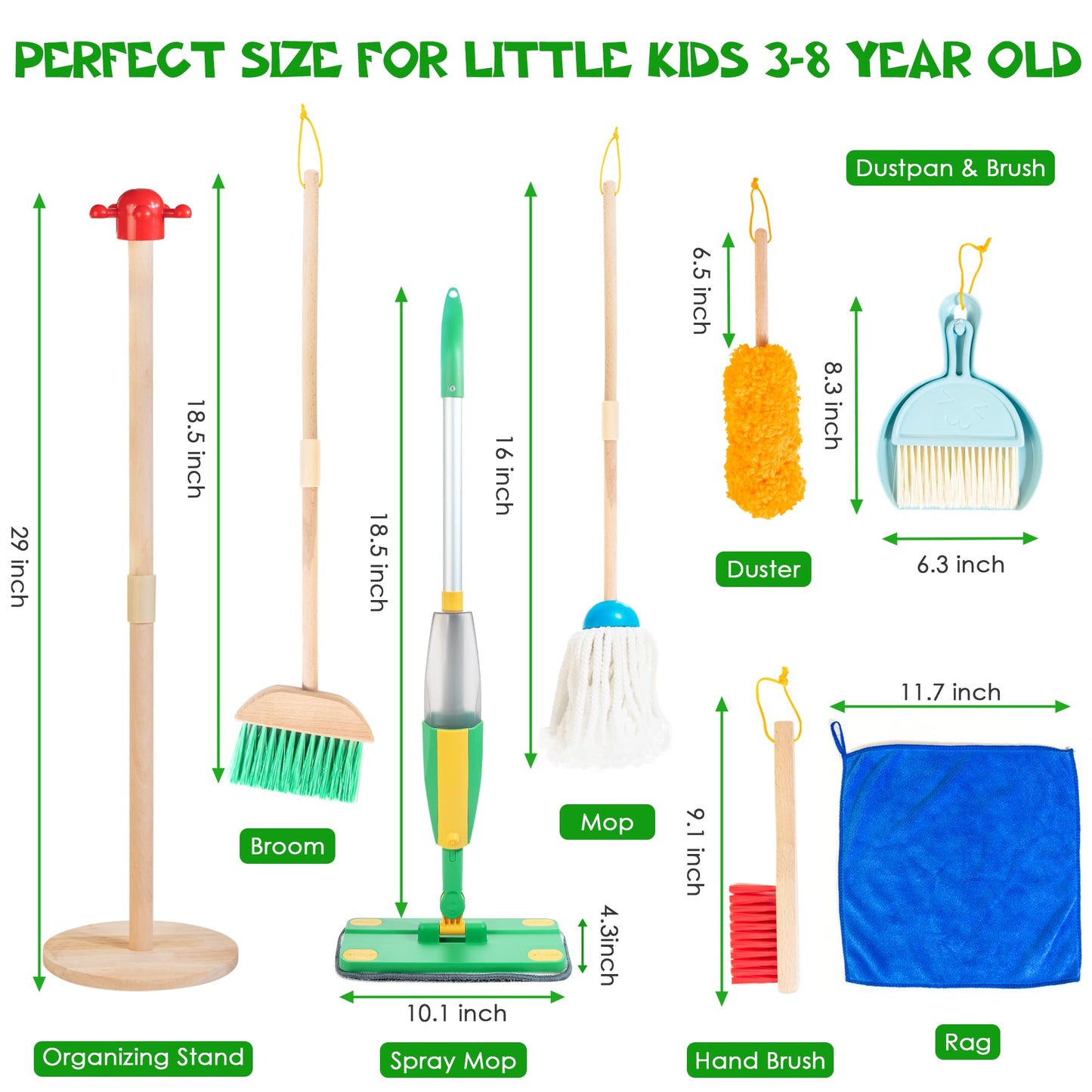Wooden Kids Cleaning Set with Spray Mop, Montessori Cleaning Toys Real Water Sprayer and Toddler Broom Mop Set, Housework Pretend Play Toy Gift for Boys Girls Ages 3+