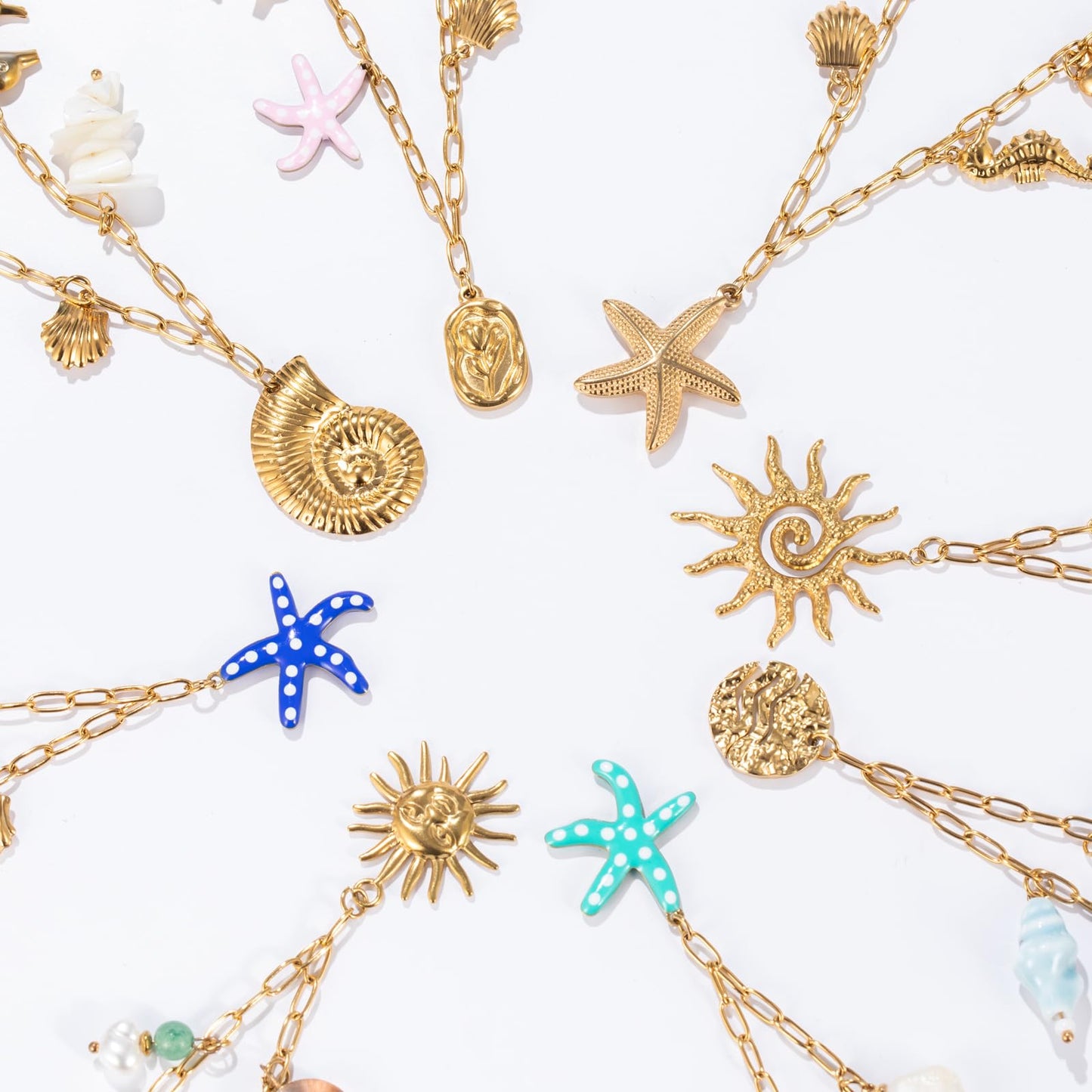 Chunky Gold Necklace Statement Boho Beach Ocean Summer Stainless Steel Jewelry Shell Starfish Turquoise Dolphin Pearl Sun Flower Wave Heart Fish Charm Choker Necklaces for Women(Sun)