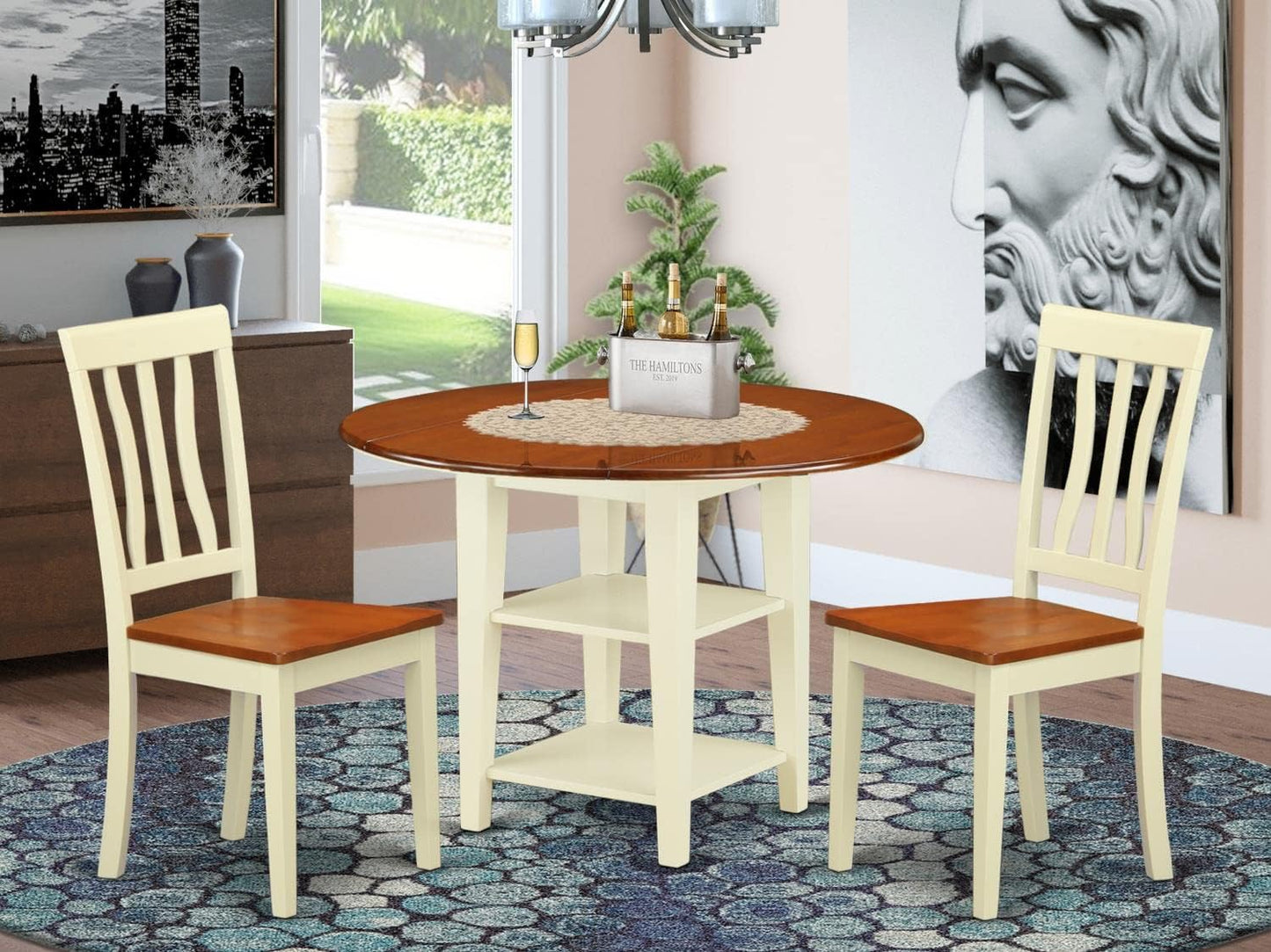 East West Furniture SUAN3-BMK-W 3 Piece Dining Room Table Set Contains a Round Dining Table with Dropleaf & Shelves and 2 Wood Seat Chairs, 42x42 Inch, Buttermilk & Cherry