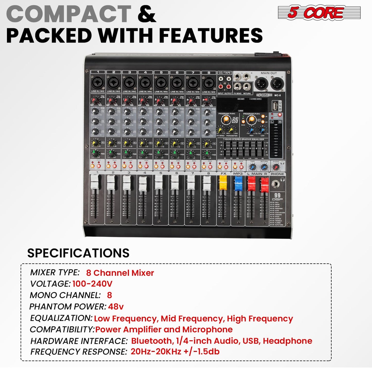 5 Core Audio Mixer 8 Channel Dj Mixing Board Professional Bluetooth Usb Analog Mezclador De Audio Phantom Power Rackmount Consol