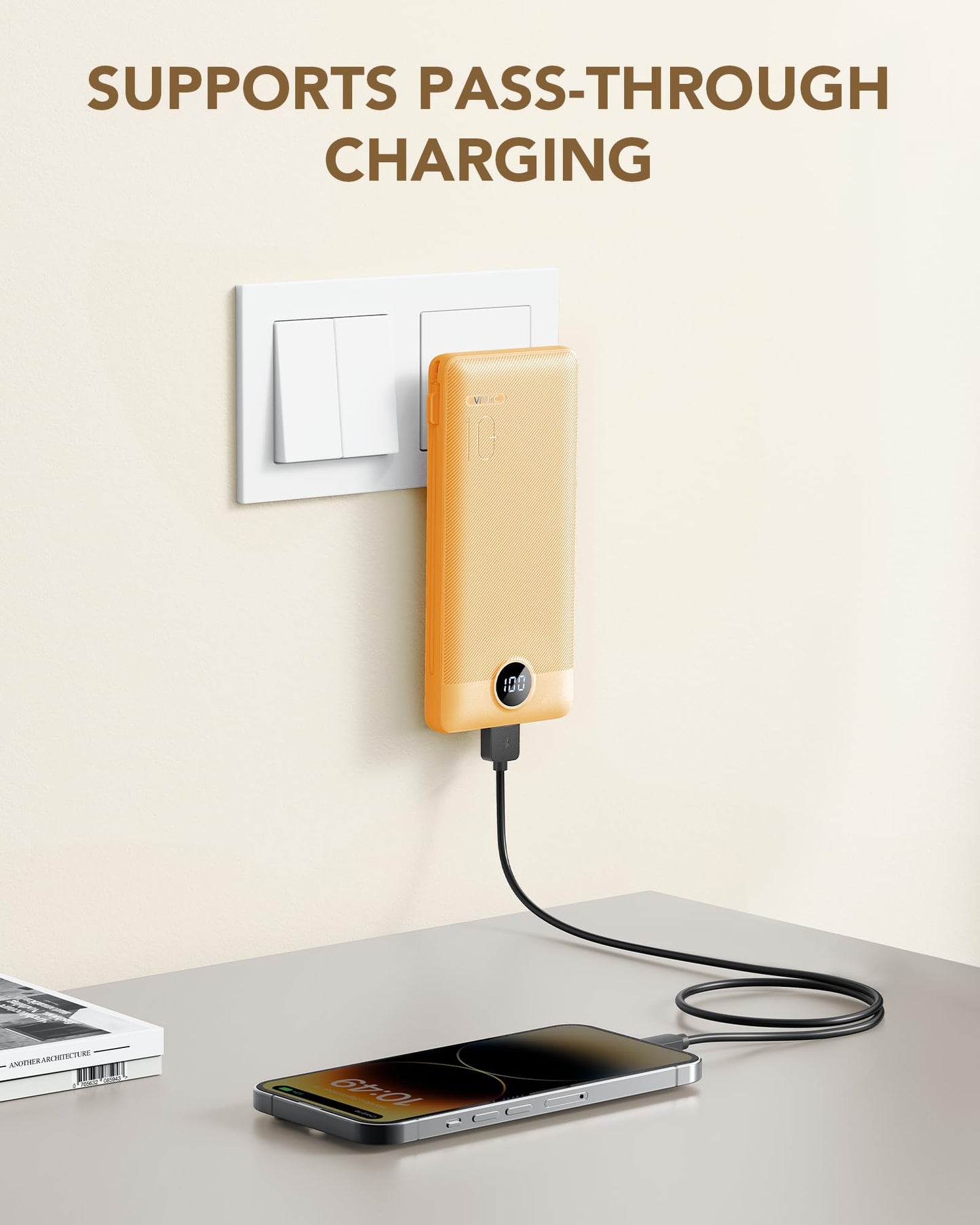 Vrurc Portable Charger Built-In Cables And Ac Wall Plug, Usb C Power Bank 10000Mah, Travel Battery Phone Charger Compact Lightwe