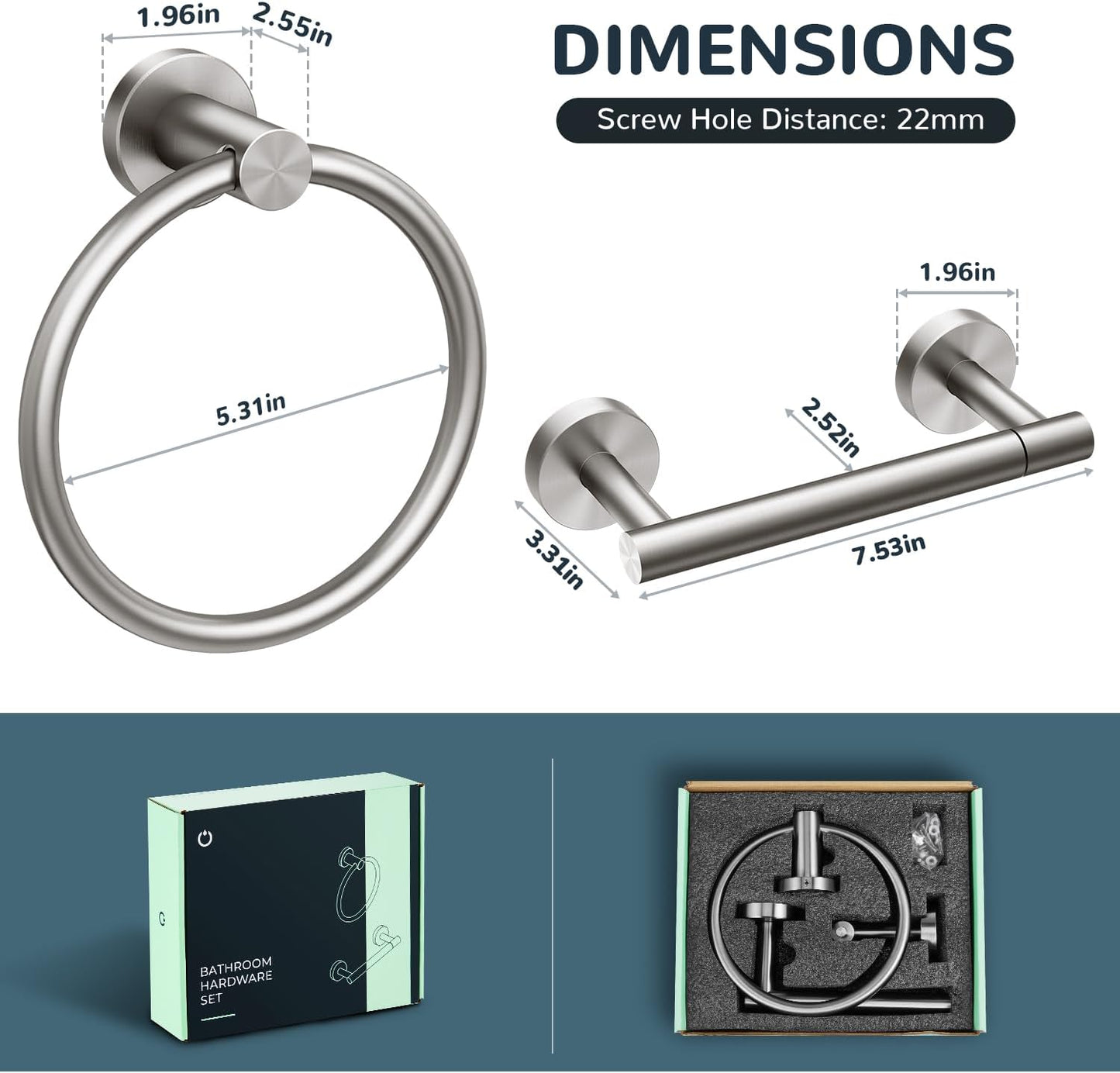 FORIOUS Toilet Paper Holder Wall Mount, SUS304 Stainless Steel Double Post Pivoting Tissue Roll Holder and Hand Towel Ring Set for Bathroom, RV, Bathroom Hardware Accessories Set, Brushed Nickel