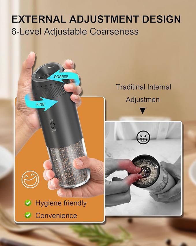 Gravity Salt and Pepper Grinder Set with Charging Base, Automatic Salt Grinder Electric with LED Light & 6 Adjustable Coarseness, One-Handed Operation and 176ml Capacity, Black