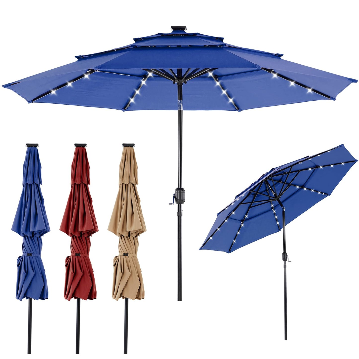 DUMOS 10FT 3 Tier Patio Umbrella with 32 LED Lights, 8 Ribs Outdoor Table Umbrella with Crank, Waterproof Market Umbrella for Pool, Beach, Terrace and Outdoor Restaurant, Navy Blue