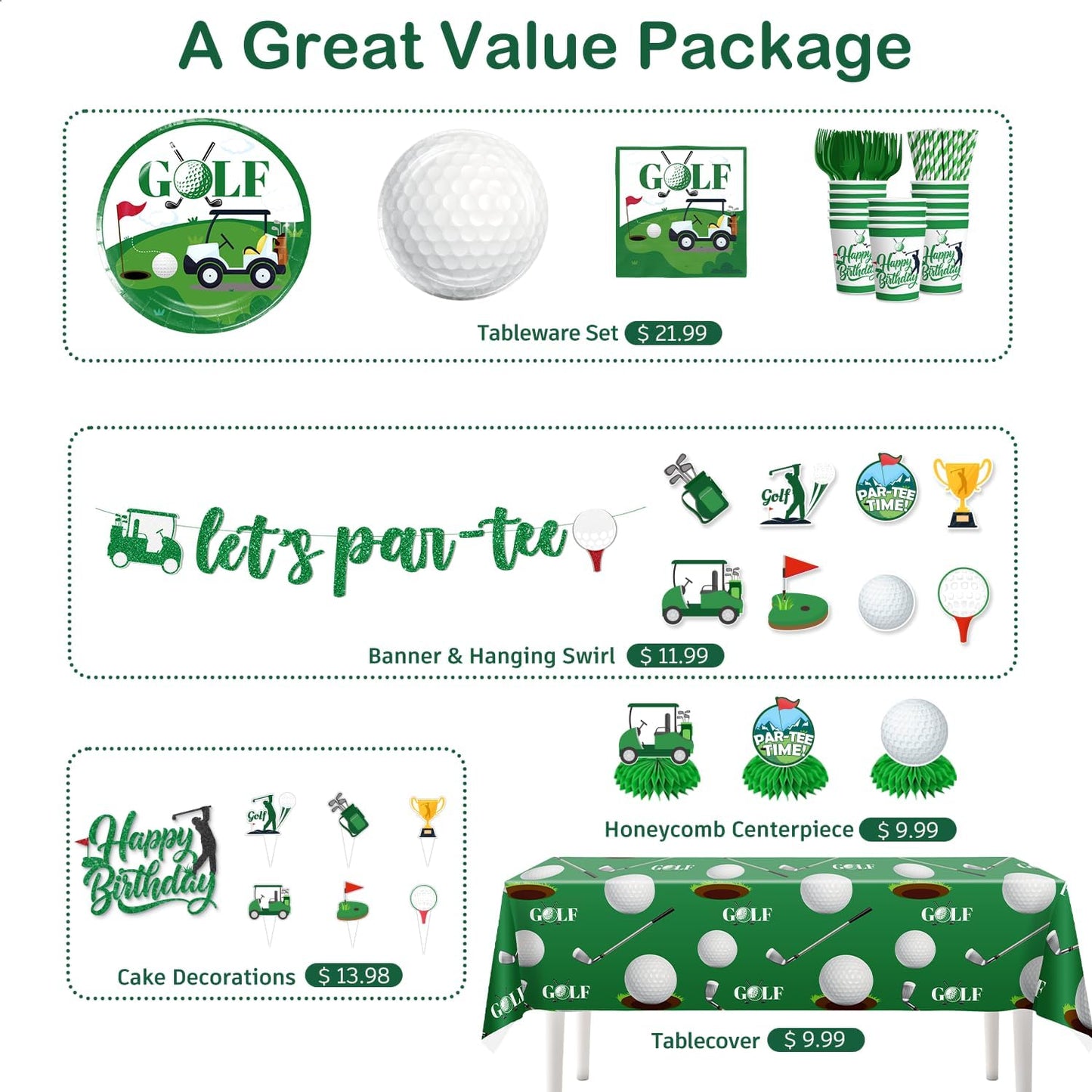 342pcs Golf Party Decorations, Golf Birthday Decorations Include Golf Plates and Napkins Set, Banner Hanging Swirls Tablecloth Cupcake Topper Balloon, for Golf Birthday Party Decorations, Serves 50