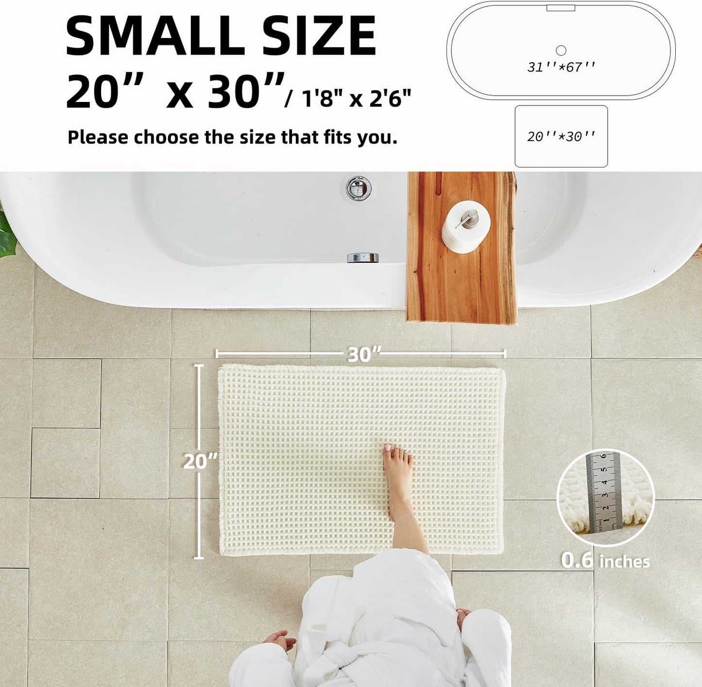 Cream White Bathroom Rugs, Waffle Bath Mat Non Slip Washable Super Absorbent Quick Dry Boho Farmhouse Bathroom Decor, 30"x20" Cream White
