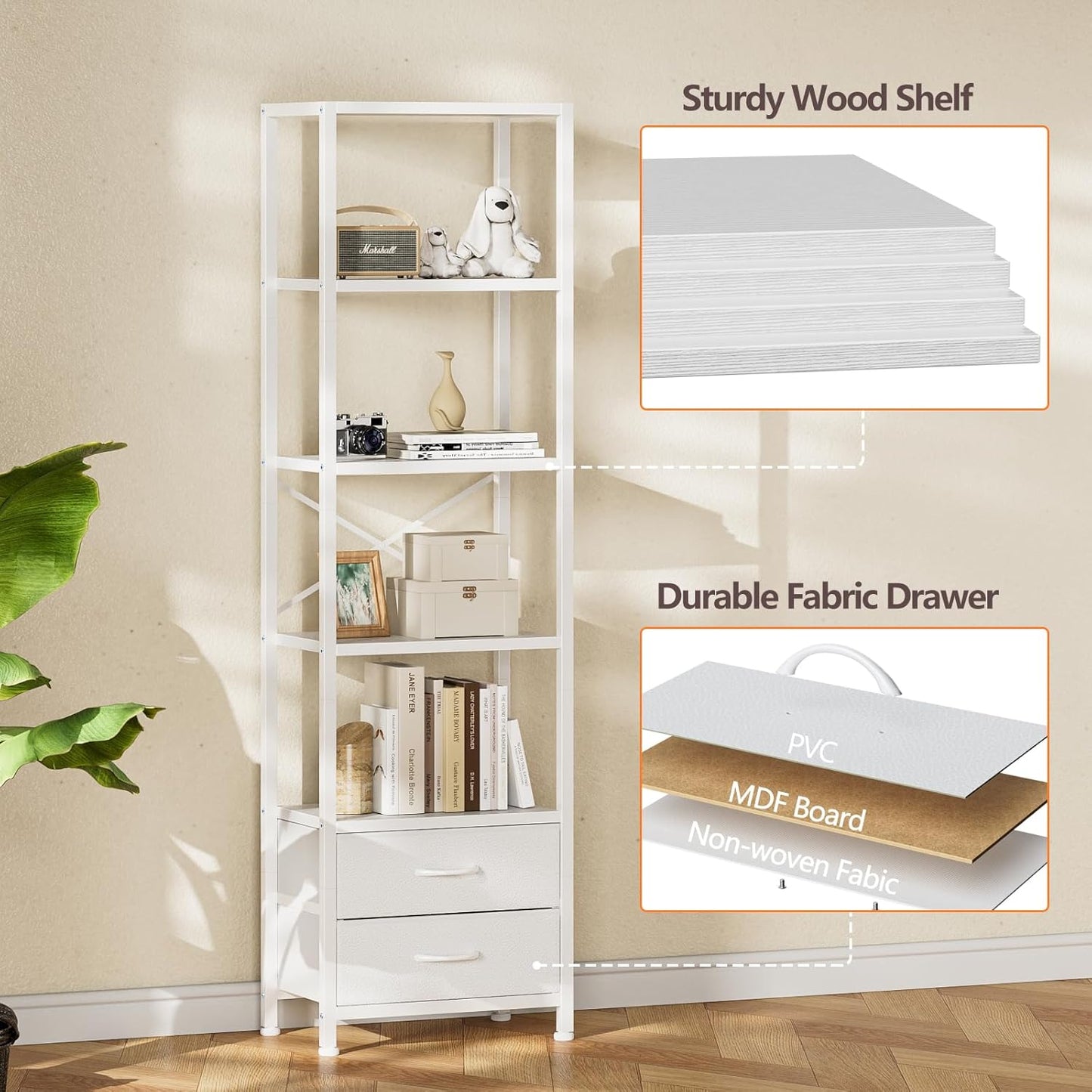 Furnulem 5-Tier Corner Shelf, Narrow Bookshelf with 2 Storage Drawers, Tall Bookcase, Wood Display Standing Shelf Organizer Unit for Living Room, Bedroom, Metal Frame(White)