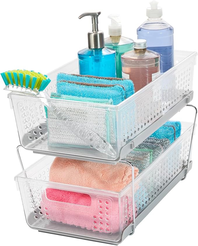 madesmart 2-Tier Organizer, Multi-Purpose Slide-Out Storage with Handles and Dividers for Home and Bath, Easy Assembly, BPA Free, Frost