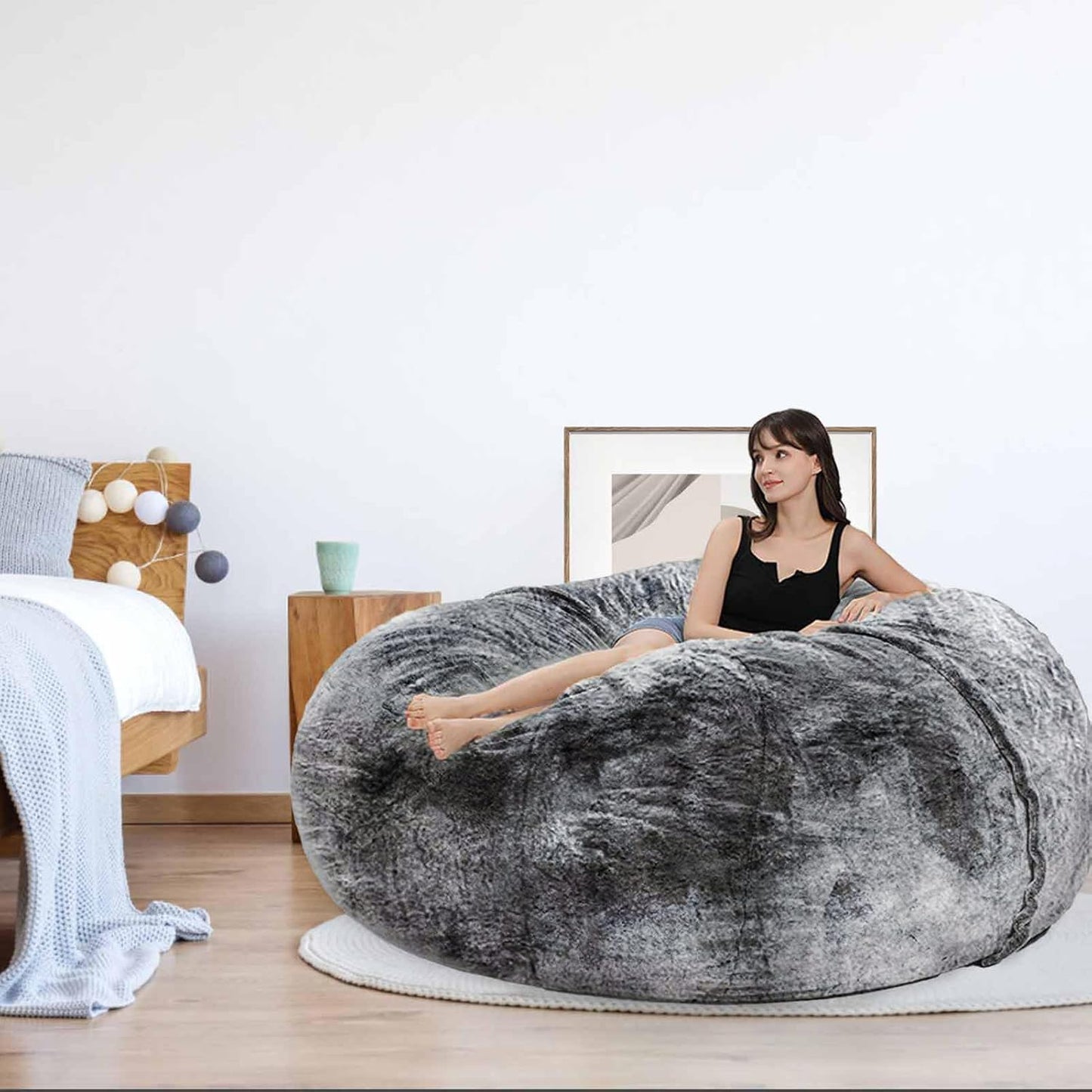 Bean Bag Chair for Adults Kids Without Filling Comfy Fluffy Giant Round Beanbag Lazy Sofa Cover for Reading Chair Floor Chair, 5FT, Black