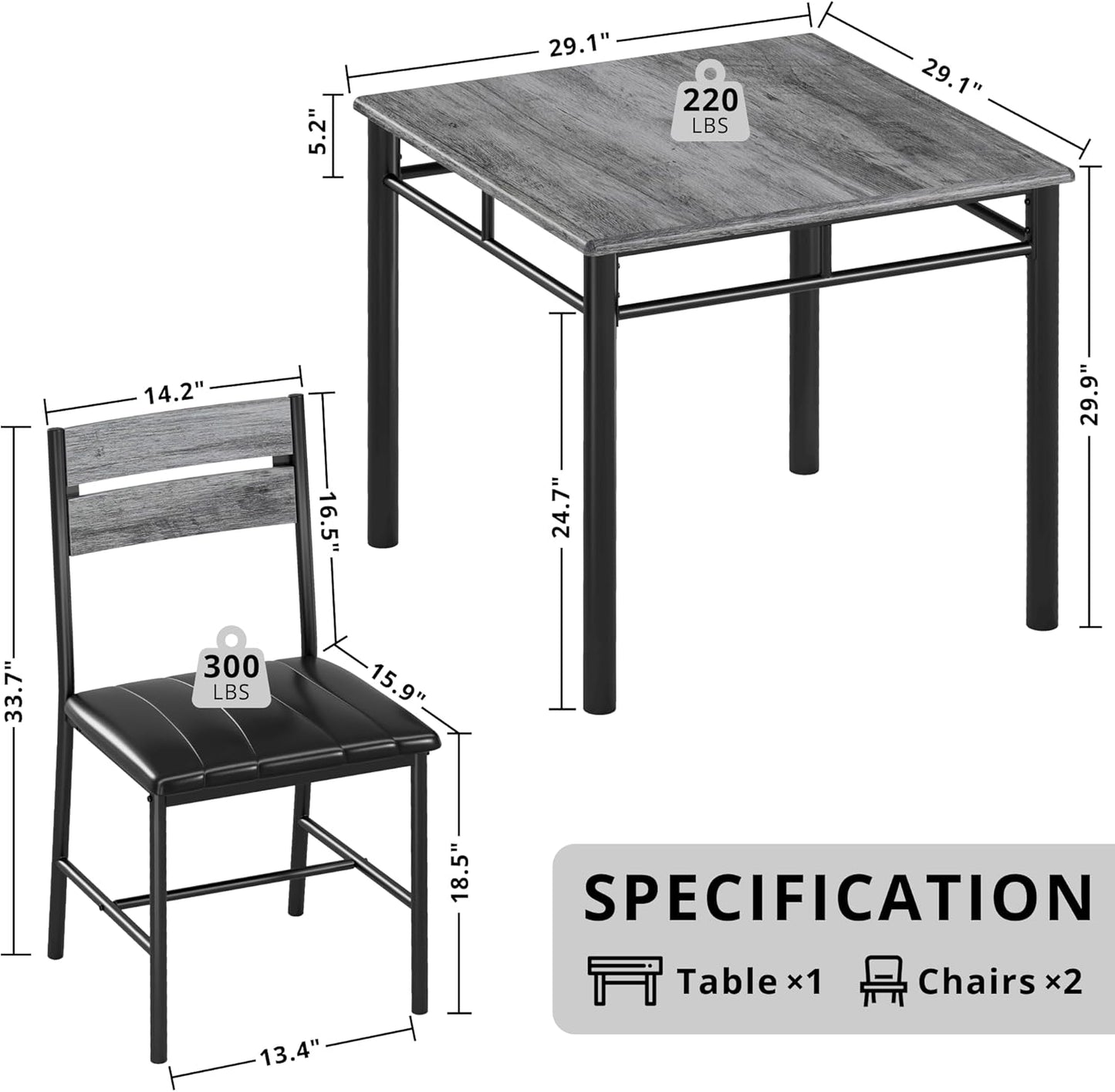 IRONCK Dining Table Set for 2, Small Kitchen Table with Upholstered Chairs for Kitchen & Dining Room, Compact Dining Set for Small Spaces, Gray
