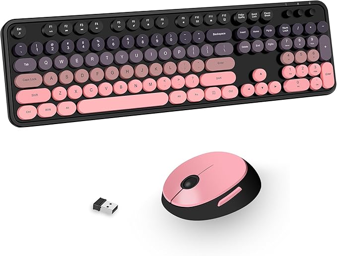 Kootop Wireless Keyboard and Mouse Combo, Cute Colorful 104 Keys Typewriter Retro Round Keycaps Keyboard for PC Laptop,Desktop,Windows, Home and Office Keyboards(Black Pink)