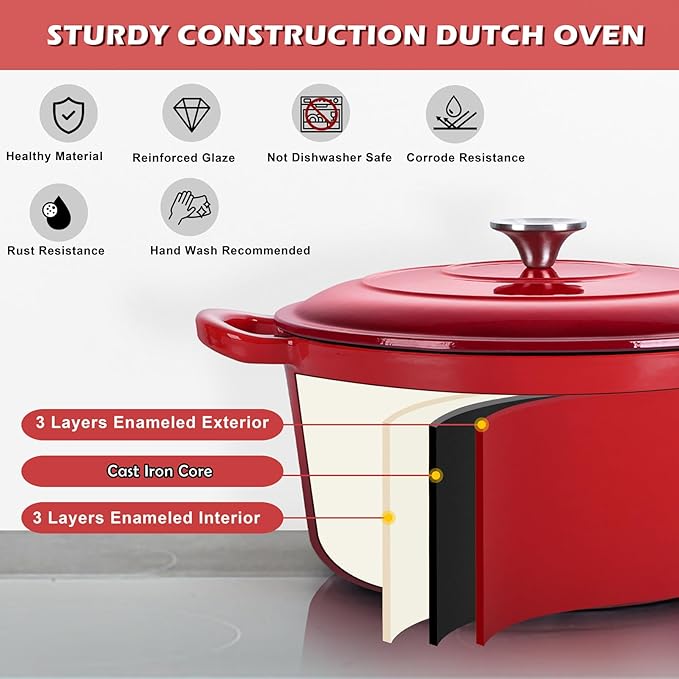 TeamFar Enameled Cast Iron Dutch Oven, 6 Quart Pot with Lid & Dual Handles - Heavy Duty Cookware Oven Safe up to 500° F for Bread Baking, Stews, Braising, Roasting - Red
