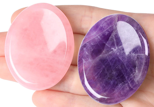 QINJIEJIE 2PCS Thumb Worry Stones for Anxiety Healing Crystals Rose Quartz Amethyst Hand Carved Stones Pocket Meditation Oval Crystal Natural Reiki Relax Palm Stone Therapy Stocking Stuffers Adults