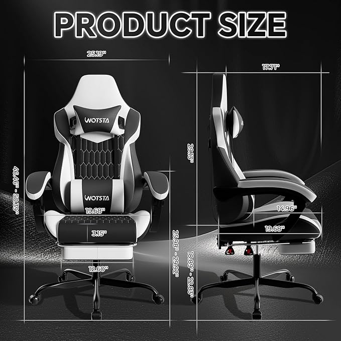 Gaming Chair with Footrest, High Back Gaming Chairs PVC Leather Ergonomic Gamer Chair with Adjustable Headrest Lumbar Support Racing Style Video Gaming Chair for Office/Home (Black White)