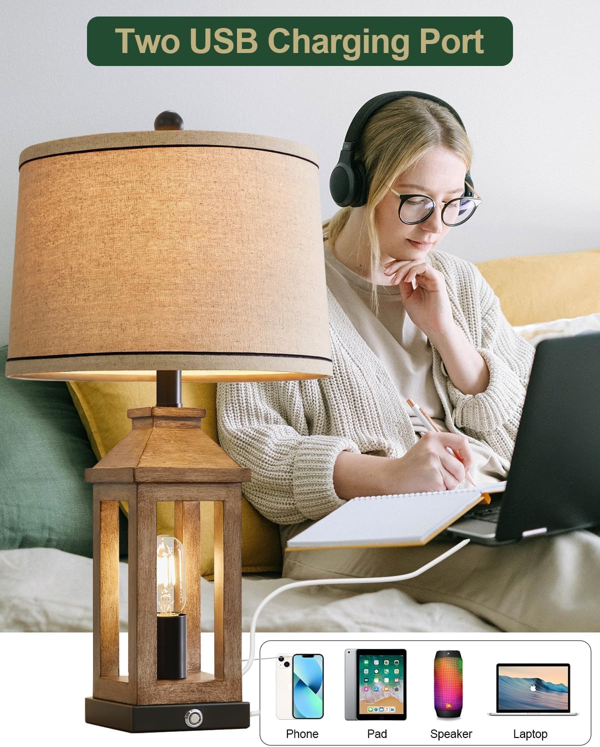 23.75" Farmhouse Dual USB Charging Ports 3-Way Dimmable Touch Control Table Lamp with Nightlight Vintage Modern Lamps for Living Room Bedroom