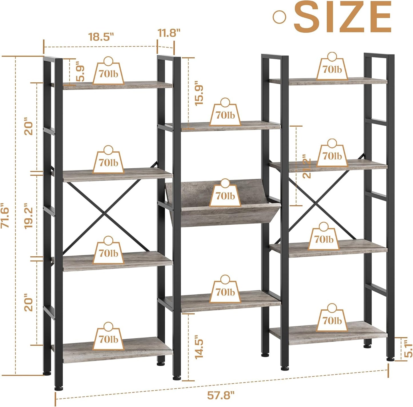 Shintenchi Industrial Bookcase,71.6” Triple 4 Tier Bookshelf with 11 Open Display Shelves,Large Etagere Bookshelf Open Record Player Shelves,Wide Book Shelf Book Case for Home & Office, Grey